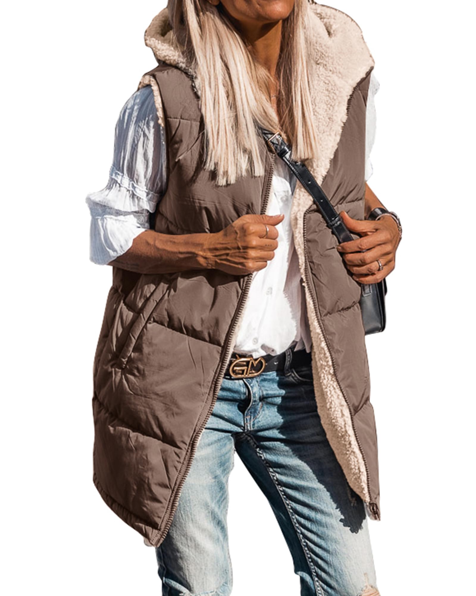 BTFBM Long Puffer Vest Women Fleece Sherpa Jacket Sleeveless Hooded Reversible Zip Up Winter Coat Fall Vests Outerwear