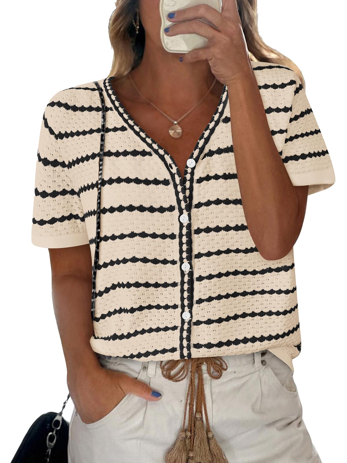 FreshPretty Women's Short Sleeve Sweater Spring Summer Crochet Knit Tops V Neck Striped Button Down Dressy Casual Blouses