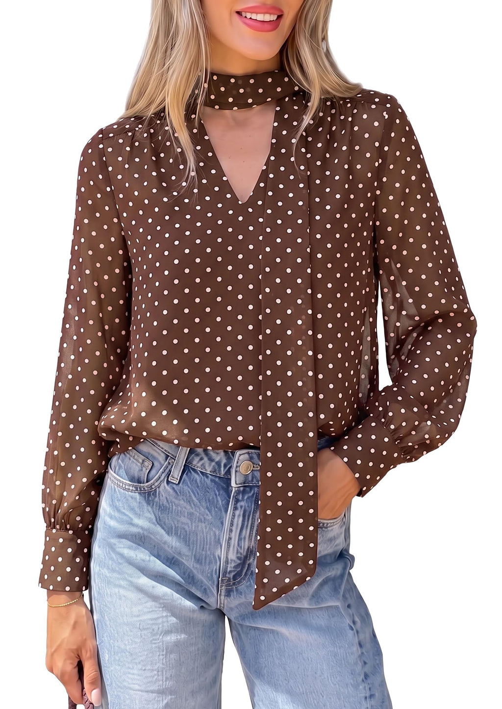 PRETTYGARDEN Women Chiffon Boho Blouses Dressy Casual Flowy Fall Tops, Long Sleeve V Neck Shirts with Tie, Elegant Date Night Outfit for Work Office, Going Out