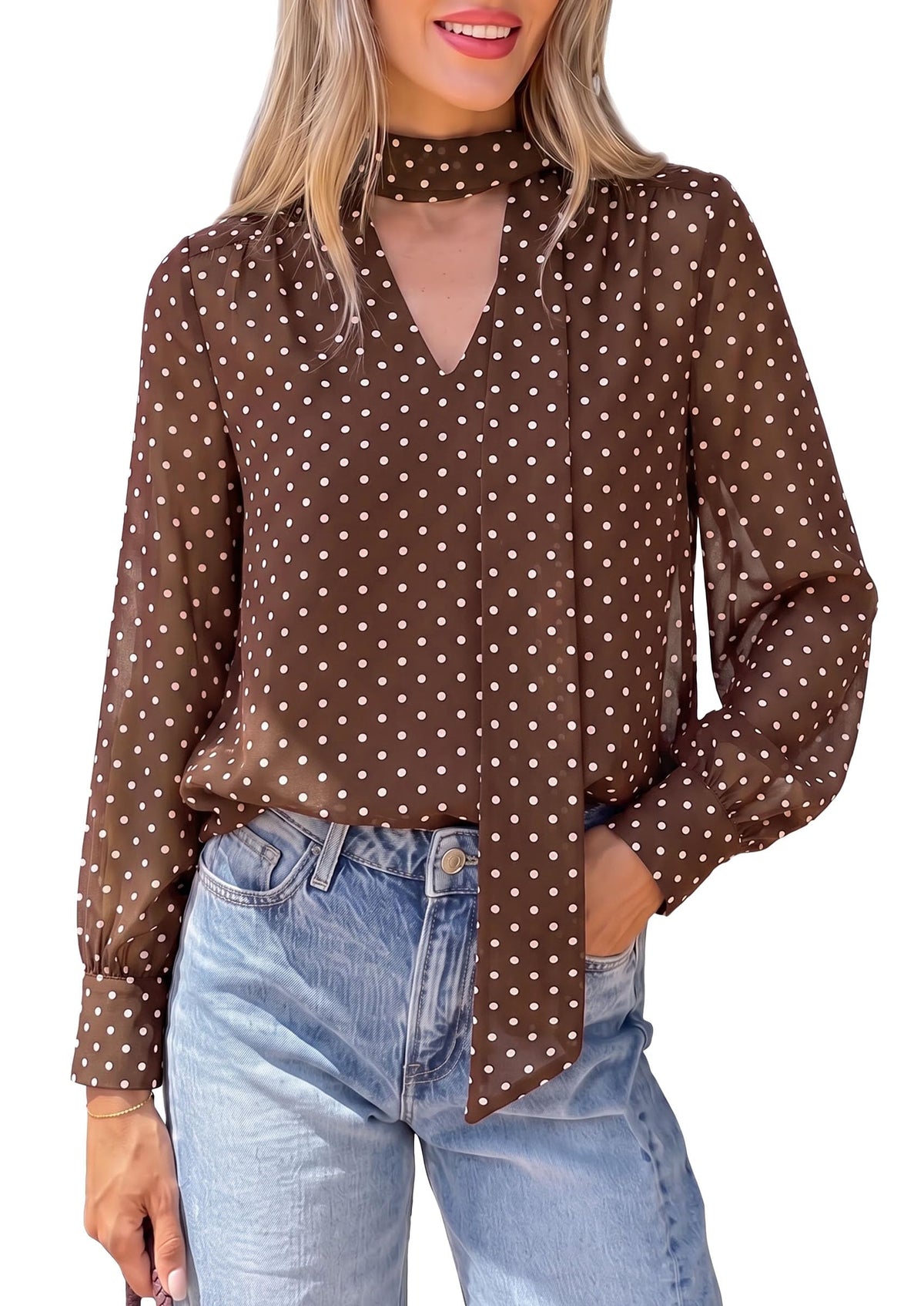 PRETTYGARDEN Women Chiffon Boho Blouses Dressy Casual Flowy Fall Tops, Long Sleeve V Neck Shirts with Tie, Elegant Date Night Outfit for Work Office, Going Out