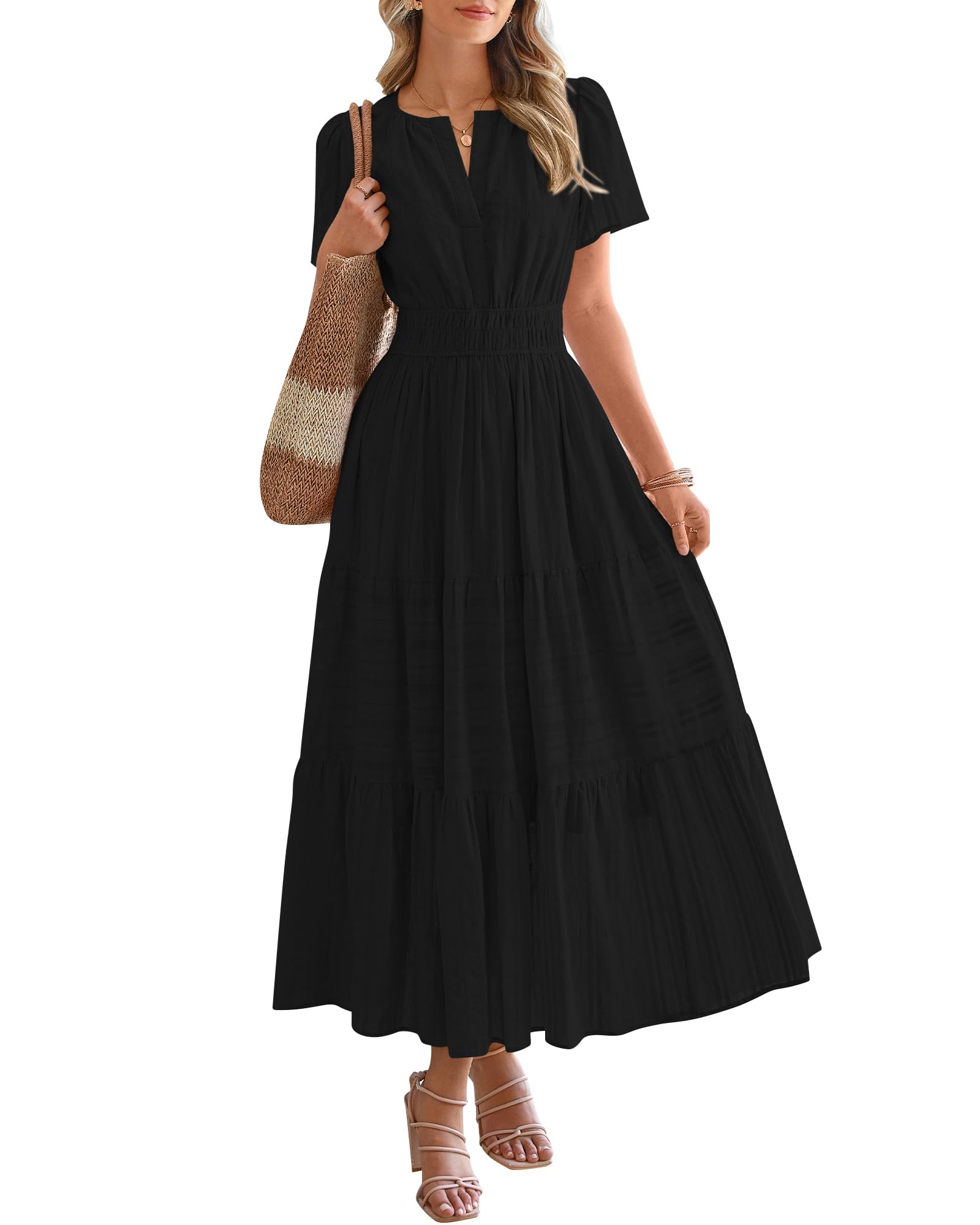 BTFBM Womens Summer Casual Midi Maxi Dresses Lightweight Short Sleeve V Neck Elastic Waist Boho Beach Dress Pockets