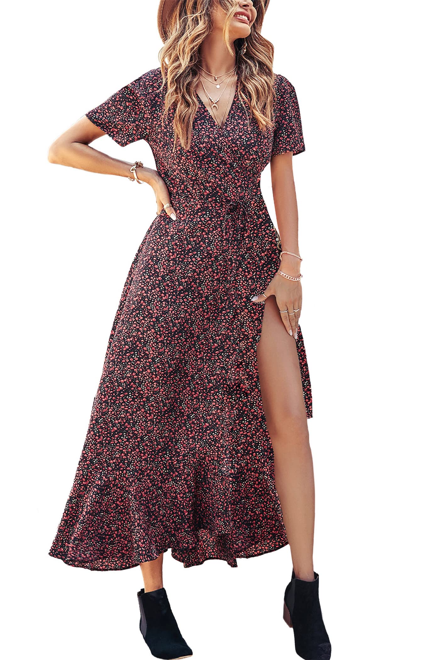 PRETTYGARDEN Women's Summer Maxi Dress Casual Wrap Floral Boho Short Sleeve V Neck Split Ruffle Beach Long Dresses