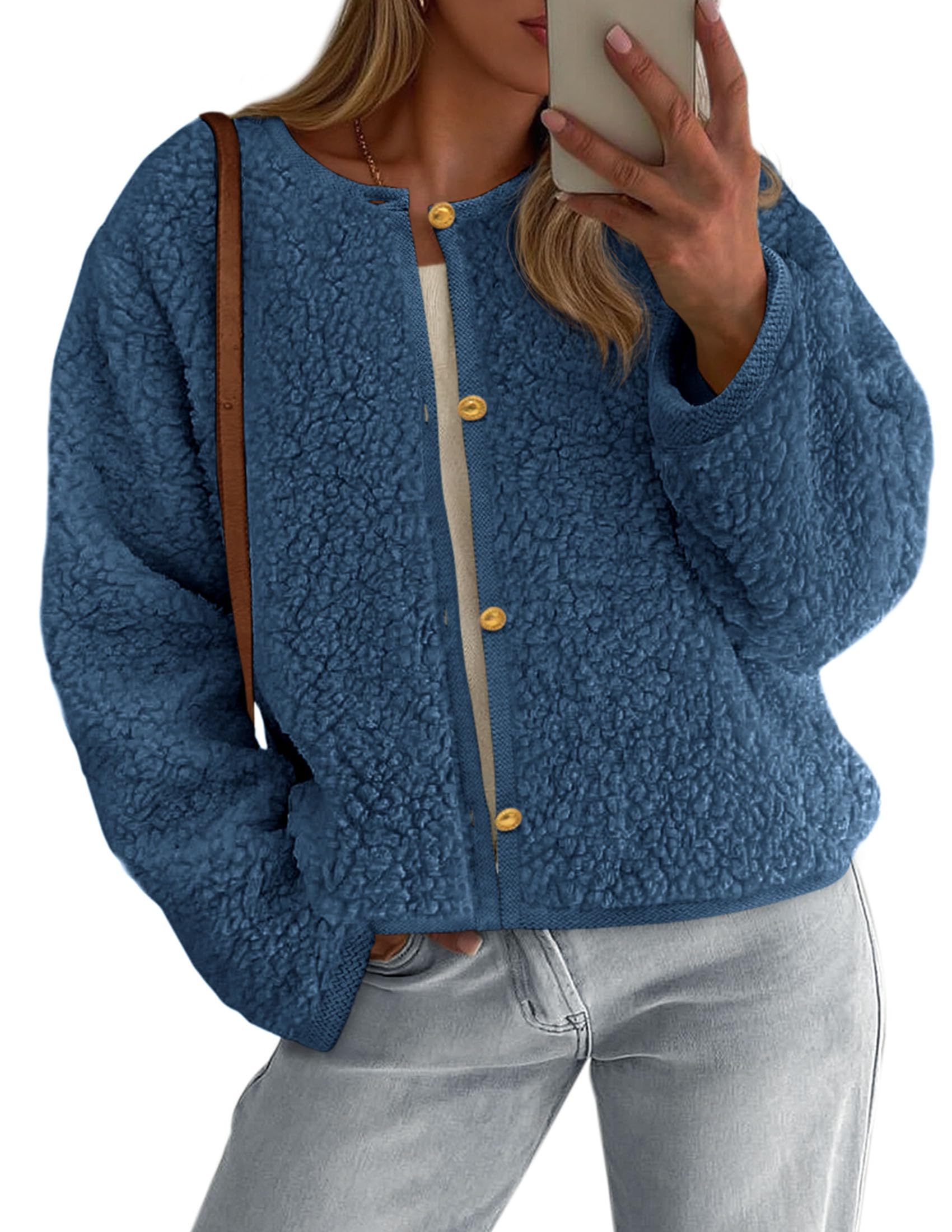 PRETTYGARDEN Women's Fall Fashion Clothes Trendy Fleece Sherpa Cropped Jackets Buttons Warm Casual Winter Faux Fur Coats
