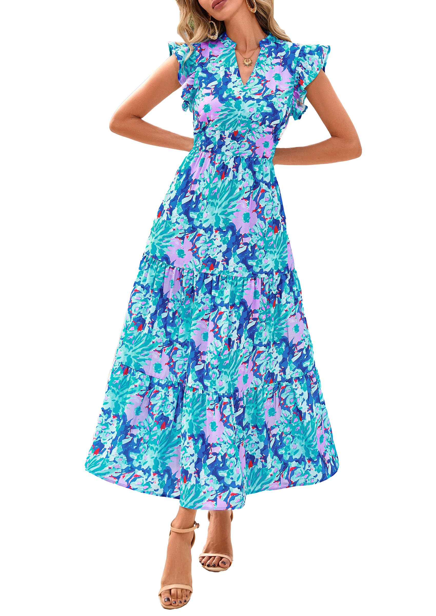 Visit the PRETTYGARDEN Store PRETTYGARDEN Women's Summer Floral Midi Dress Cap Sleeve V Neck Ruffle Long Flowy Boho Casual Beach Vacation Dresses