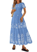 PRETTYGARDEN Boho Dresses for Women Summer Spring Casual Floral Short Sleeve V Neck Maxi Elastic Waist Dress Pockets