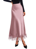 BTFBM Lace Trim Satin Skirts for Women Elegant | Lightweight, High Waist, A-Line, Flowy Maxi Skirt, Wedding, Cocktail, Graduation, Holiday Outfits, Fall Fashion Clothing