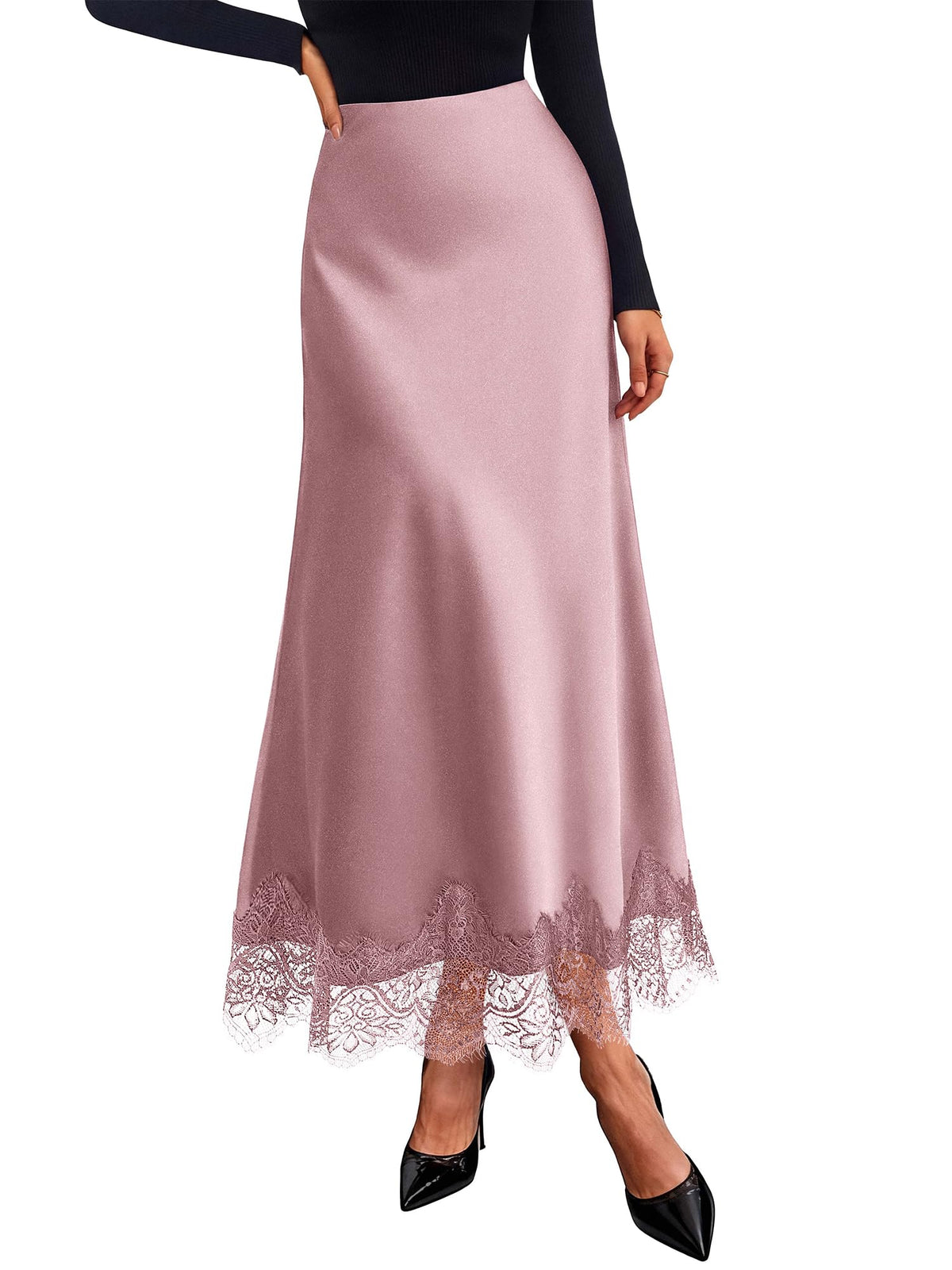 BTFBM Lace Trim Satin Skirts for Women Elegant | Lightweight, High Waist, A-Line, Flowy Maxi Skirt, Wedding, Cocktail, Graduation, Holiday Outfits, Fall Fashion Clothing