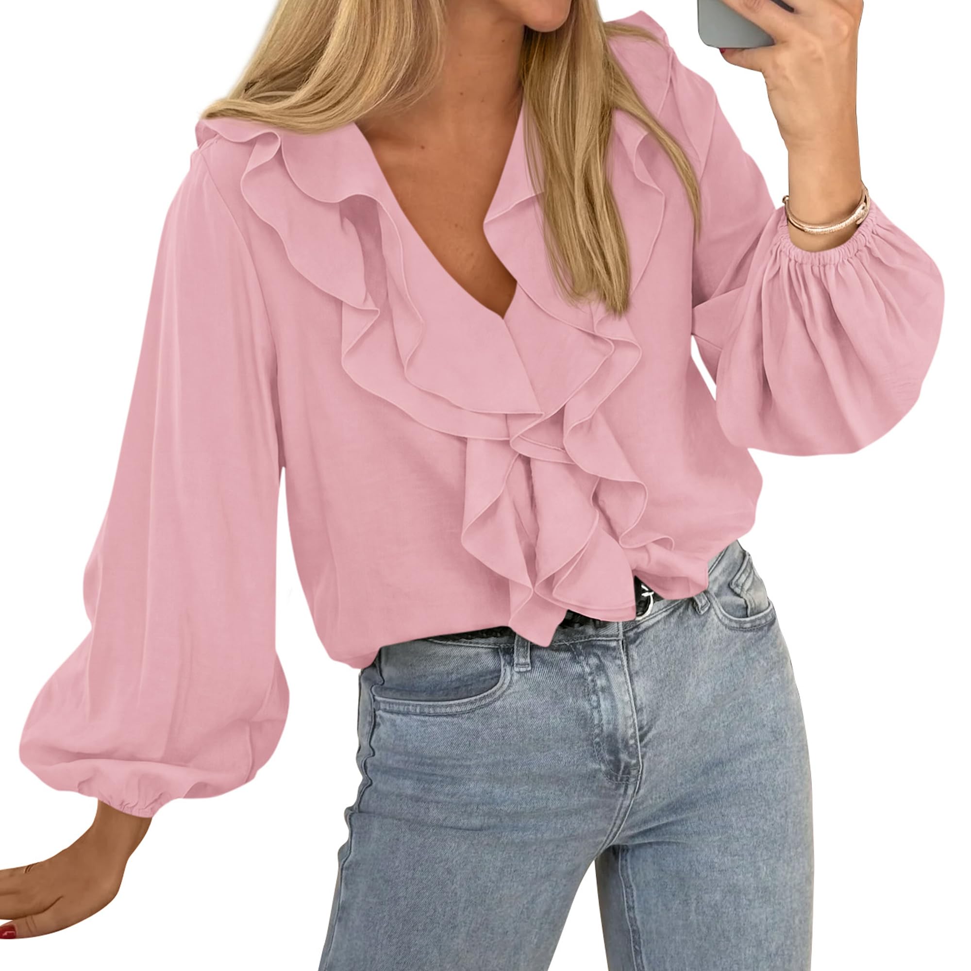 BTFBM Womens Fall Tops Ruffle Blouses Dressy Casual | Double Ruffled Collar V Neck Long Sleeve Shirts, Lightweight Fashion Clothing Trendy, Daily Business Office Work Clothes