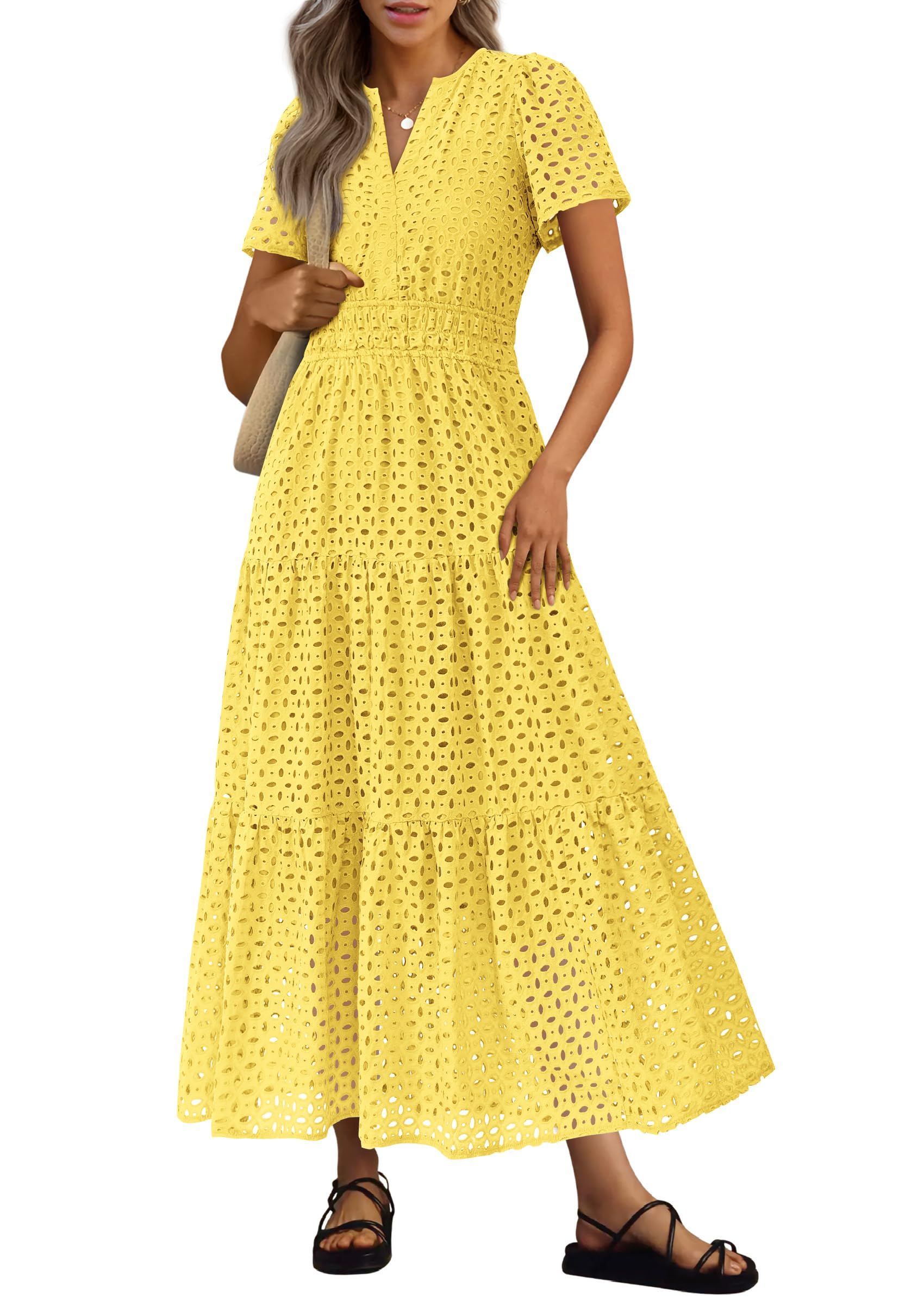 PRETTYGARDEN Womens Summer Maxi Dress Short Sleeve V Neck Hollow Out Eyelet A Line Long Flowy Beach Vacation Dresses