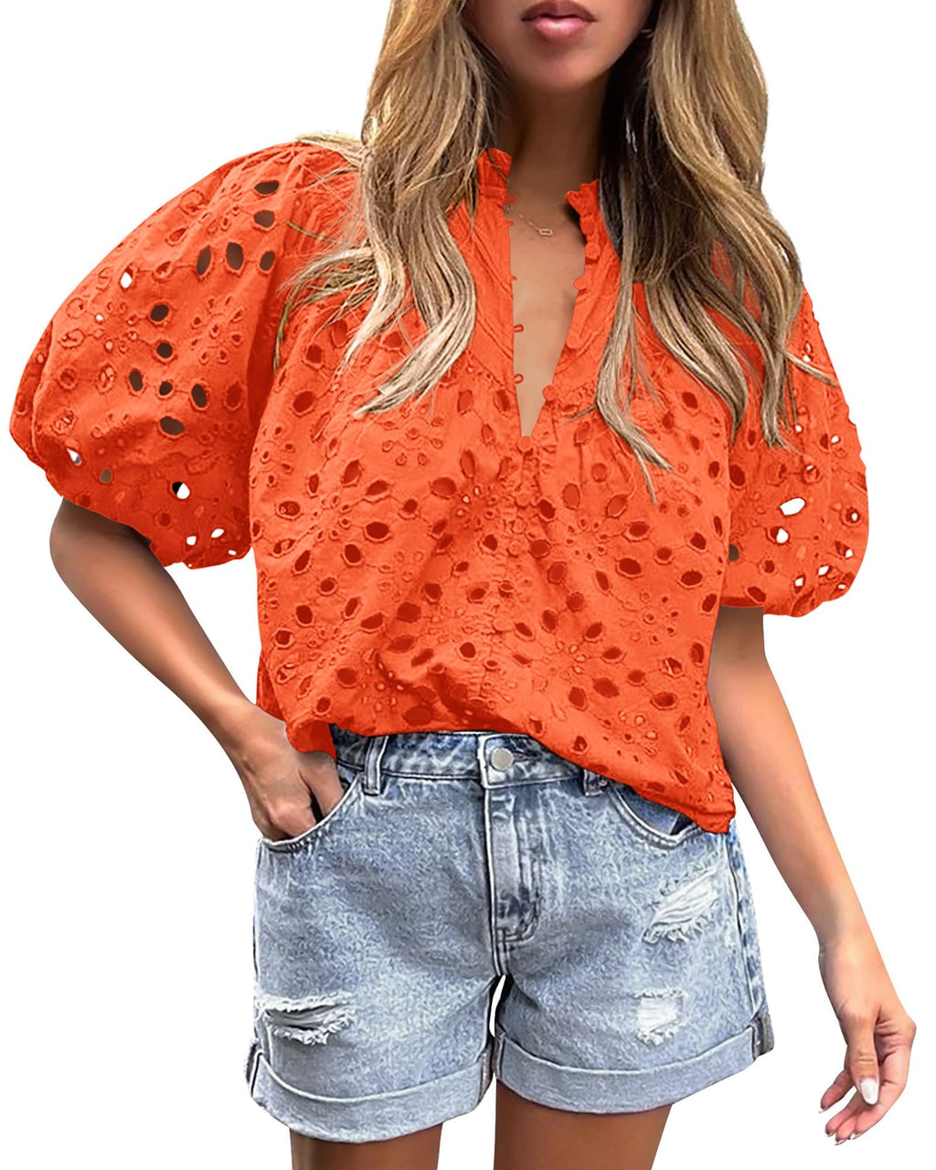 PRETTYGARDEN Women's Summer Tops Dressy Casual Short Sleeve V Neck Buttons Hollow Out Lace Embroidered Blouses Shirts