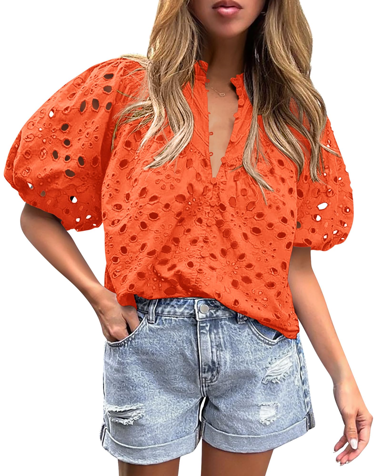 PRETTYGARDEN Women's Summer Tops Dressy Casual Short Sleeve V Neck Buttons Hollow Out Lace Embroidered Blouses Shirts