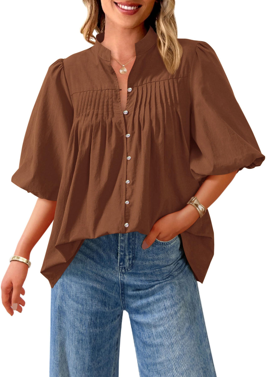 PRETTYGARDEN Women's  Summer Short Lantern Sleeve Tops Loose Fit Button Down Shirt Pleated V Neck Blouses Trendy Clothes