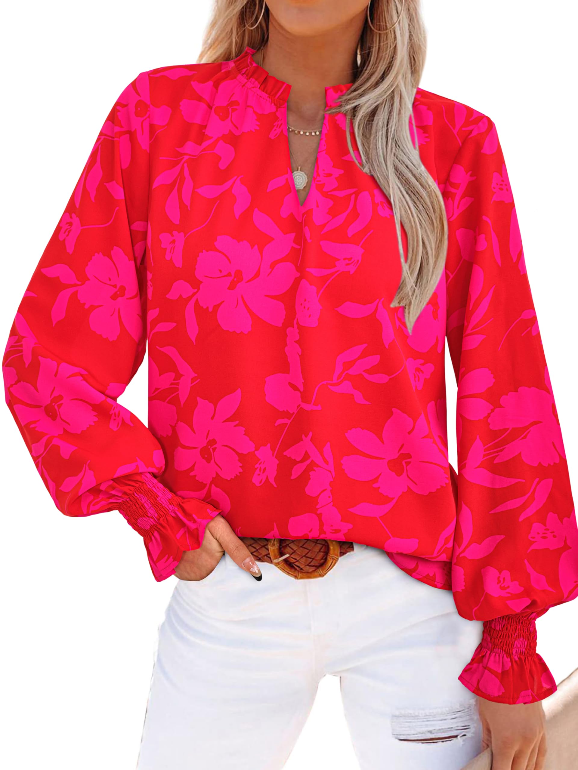 FreshPretty Womens V Neck Floral Long Sleeve Tops Summer Casual Loose Puff Sleeve Chiffon Boho Work Blouse Dressy T Shirts