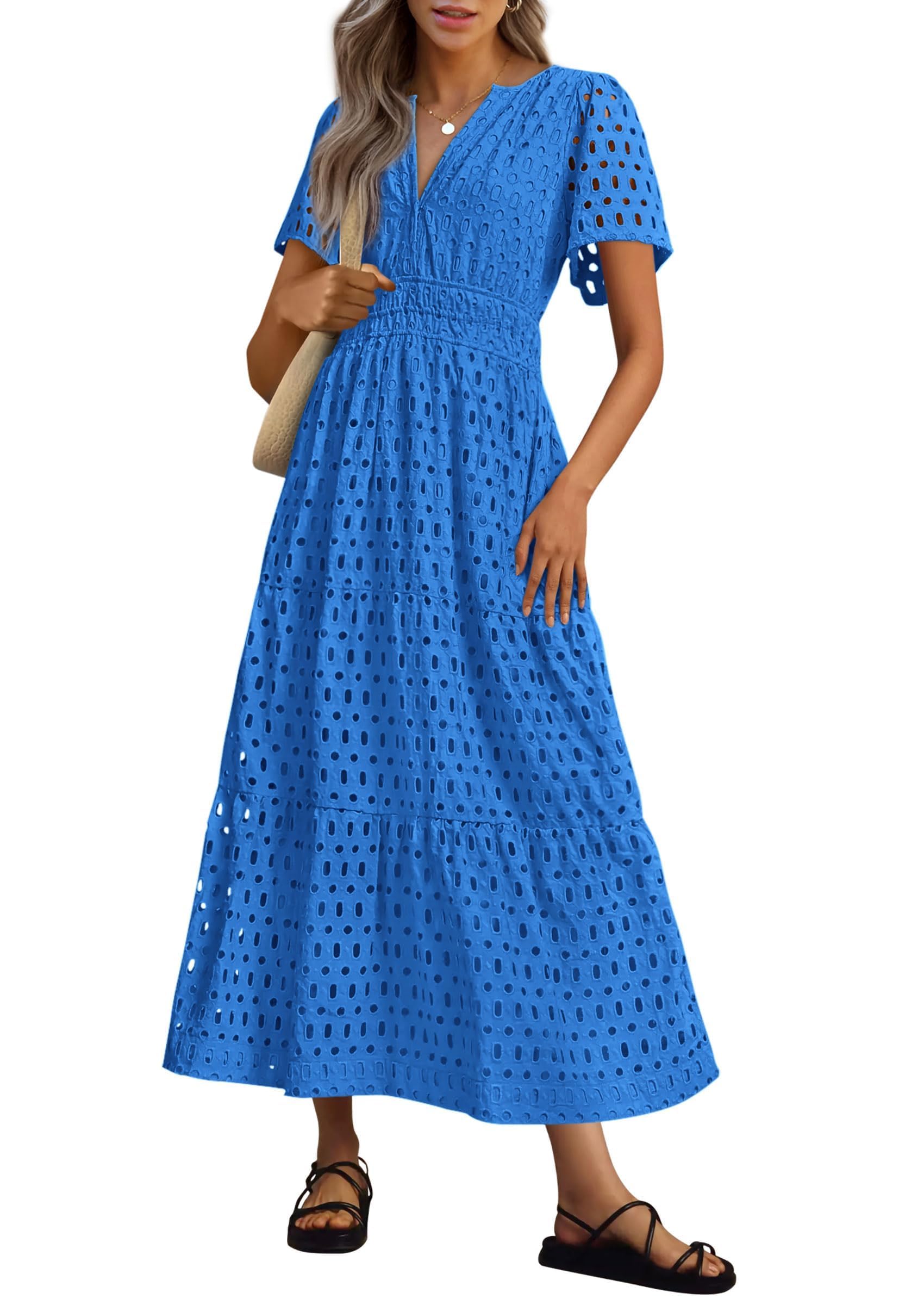 PRETTYGARDEN Womens Summer Maxi Dress Short Sleeve V Neck Hollow Out Eyelet A Line Long Flowy Beach Vacation Dresses