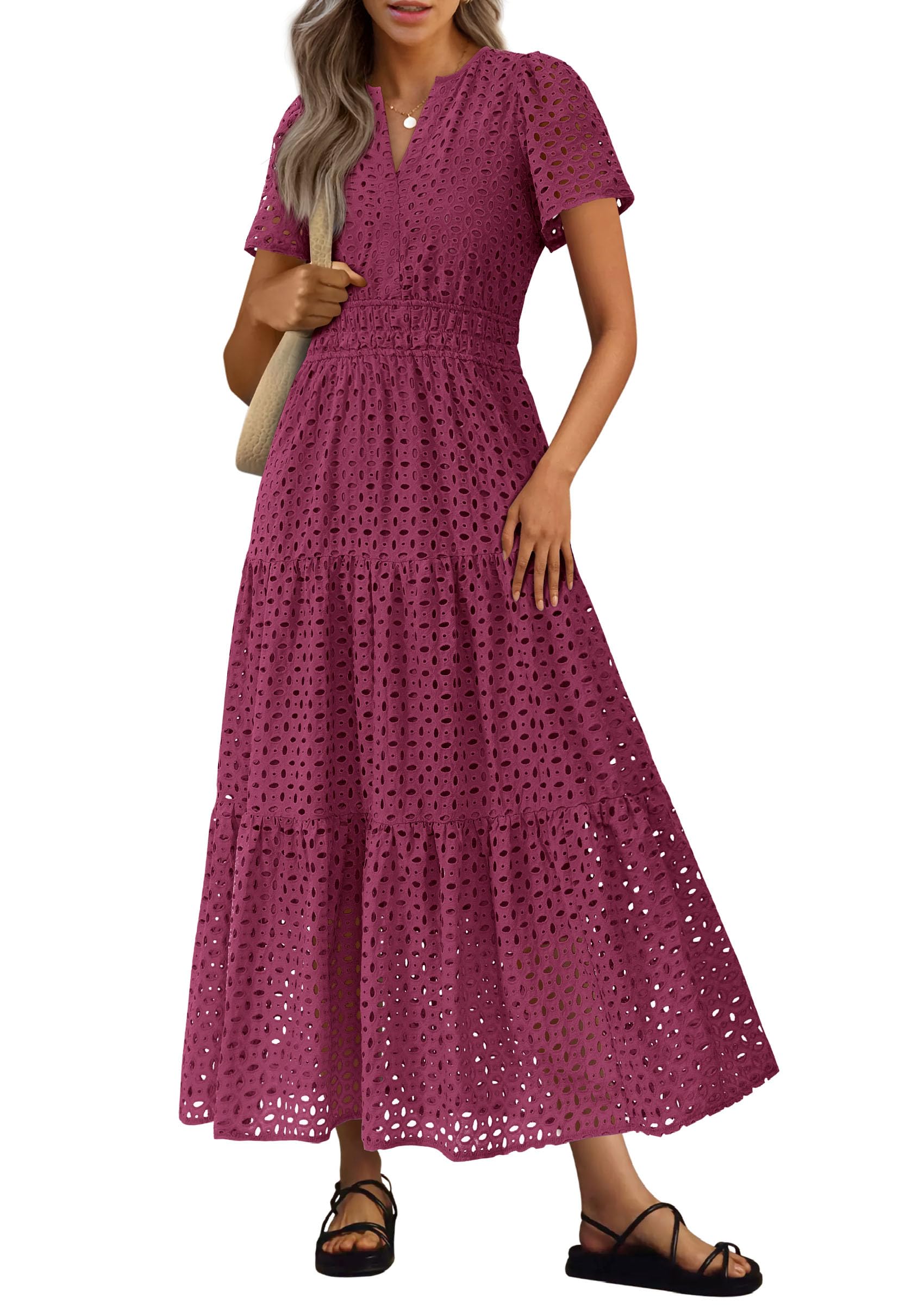PRETTYGARDEN Womens Summer Maxi Dress Short Sleeve V Neck Hollow Out Eyelet A Line Long Flowy Beach Vacation Dresses