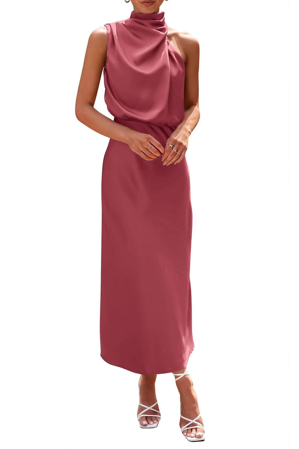 PRETTYGARDEN Women's Summer Satin Dress Elegant Sleeveless Mock Neck Cocktail Party Maxi Dresses