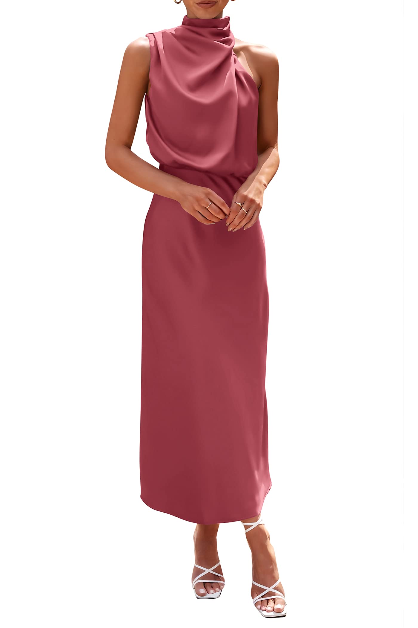 PRETTYGARDEN Women's Summer Satin Dress Elegant Sleeveless Mock Neck Cocktail Party Maxi Dresses