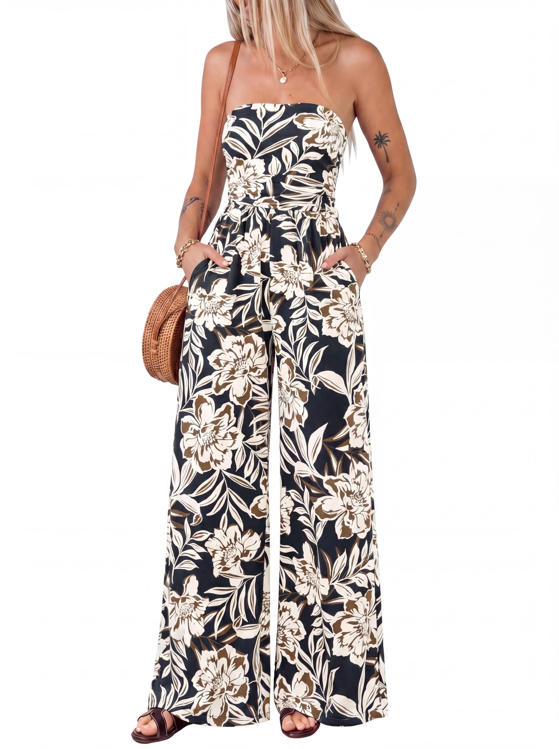 BTFBM Jumpsuits For Women Casual Floral Strapless Jumpsuit Wide Leg Rompers Beach Vacation Clothes Summer Outfits