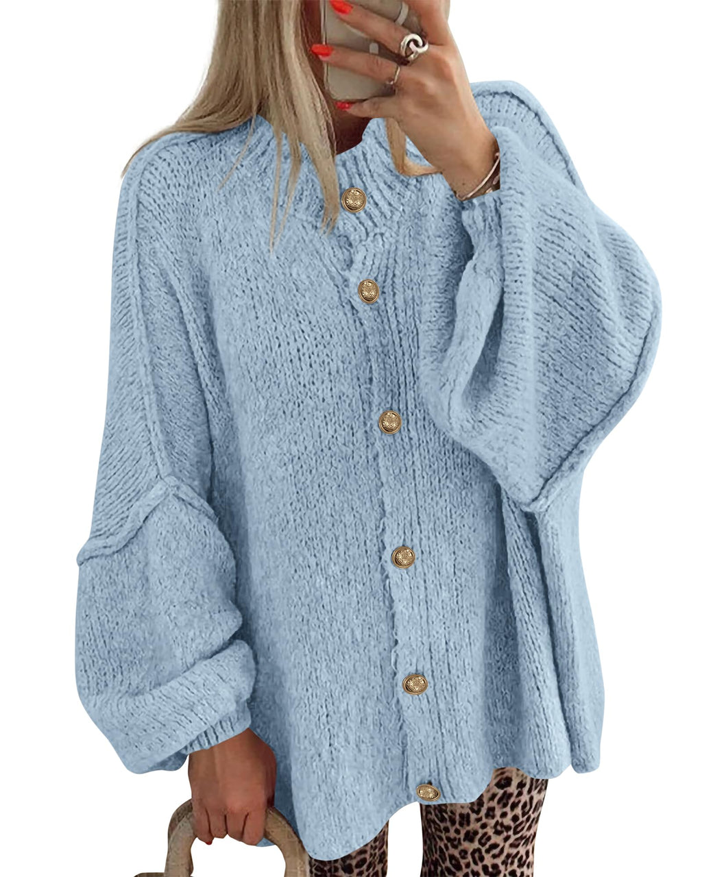 BTFBM Cardigan Sweaters for Women Fall Clothes Lantern Long Sleeve Button Open Front Chunky Knit Oversized Sweater
