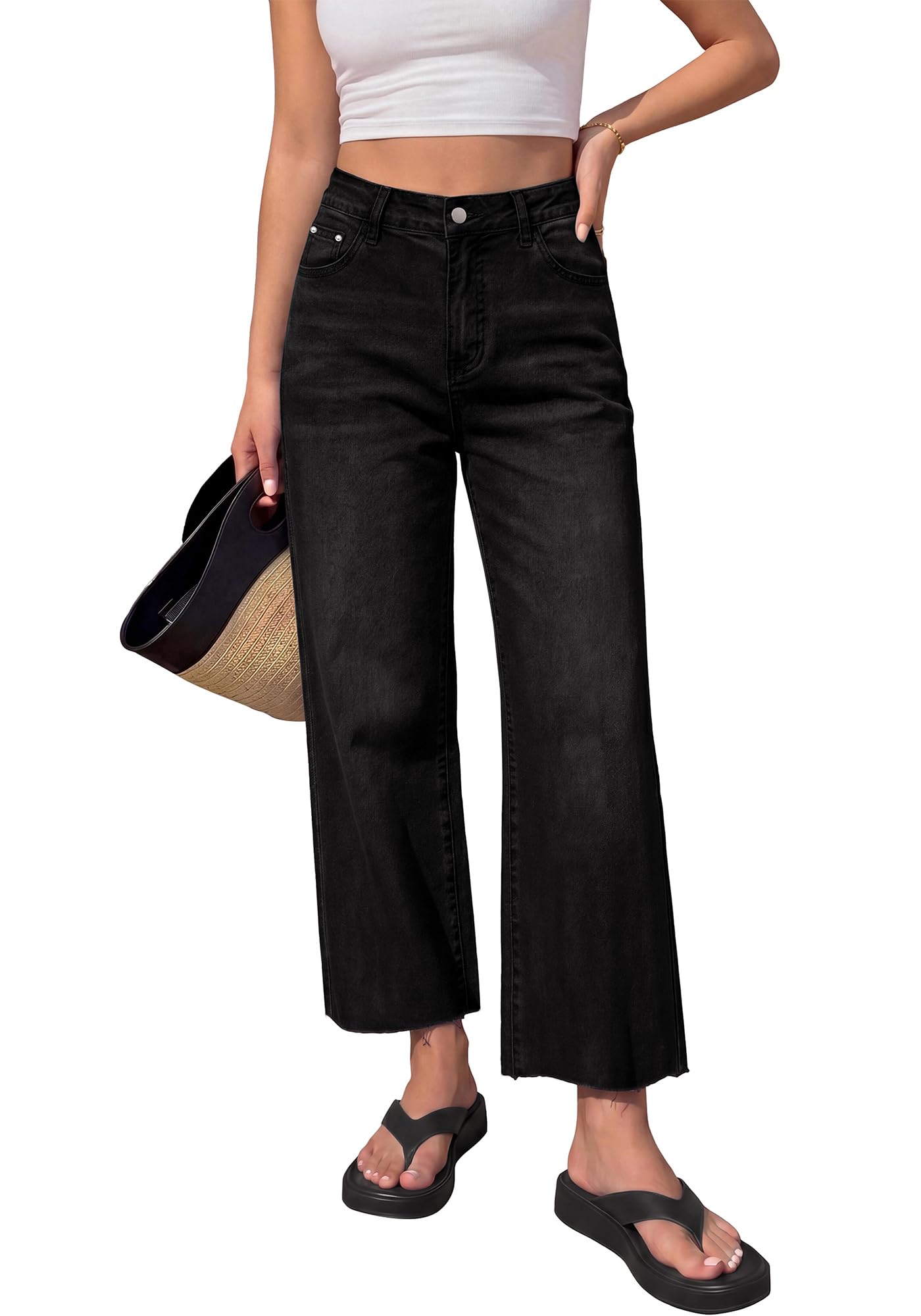 BTFBM Jeans for Women Summer High Waisted Button Straight Leg Stretchy Cropped Raw Hem Trendy Denim Pants Pockets