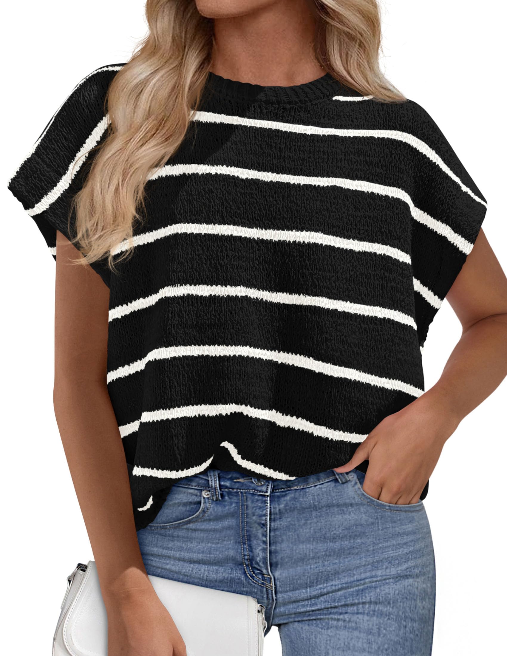 PRETTYGARDEN Womens Summer Short Sleeve Tops Trendy Crew Neck Striped Knit Sweater Business Casual Spring Clothes