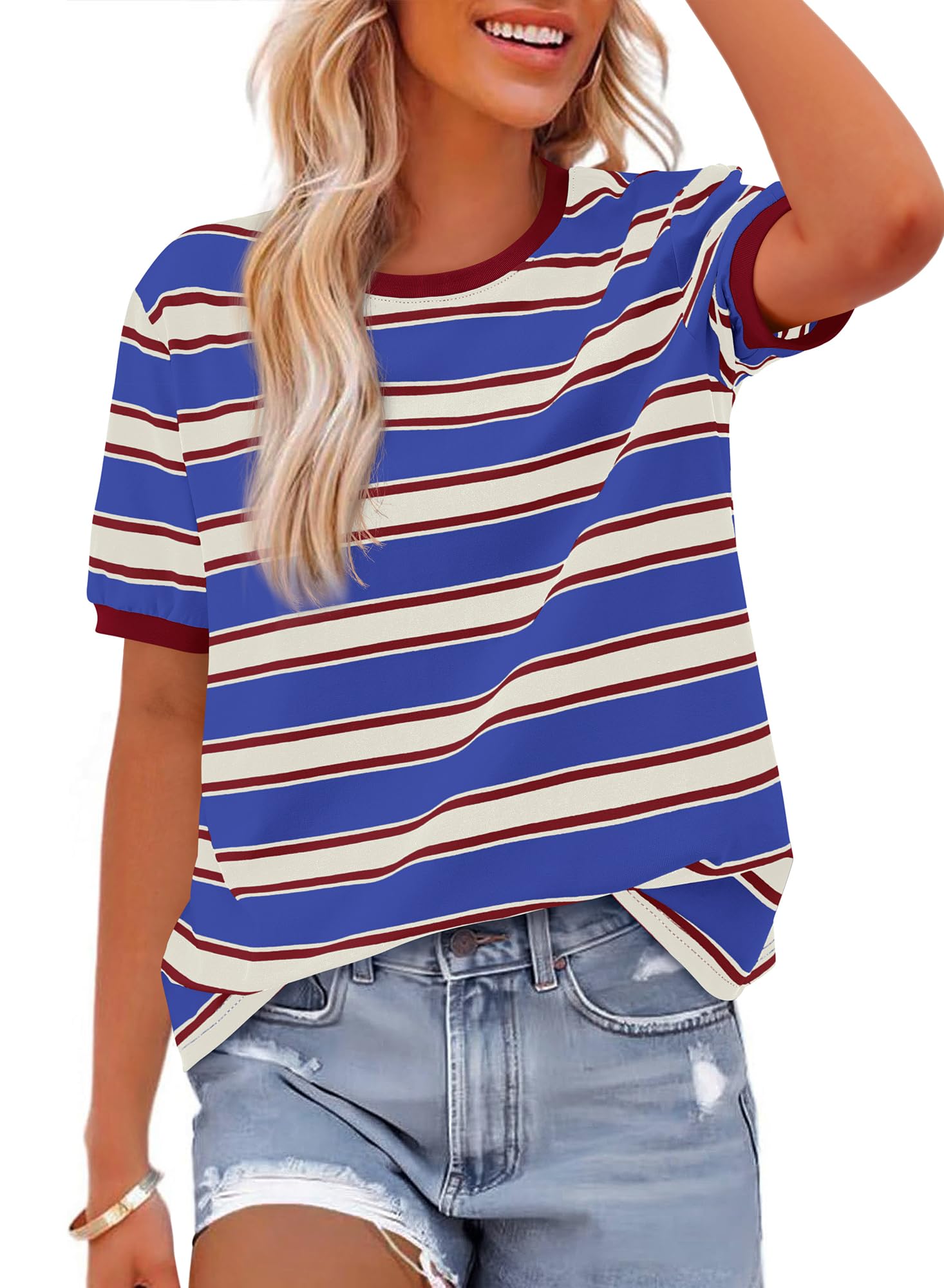 BTFBM Summer Tops for Women Crewneck Short Sleeve Striped T Shirts Casual Spring Clothes Color Block Basic Tee Blouses