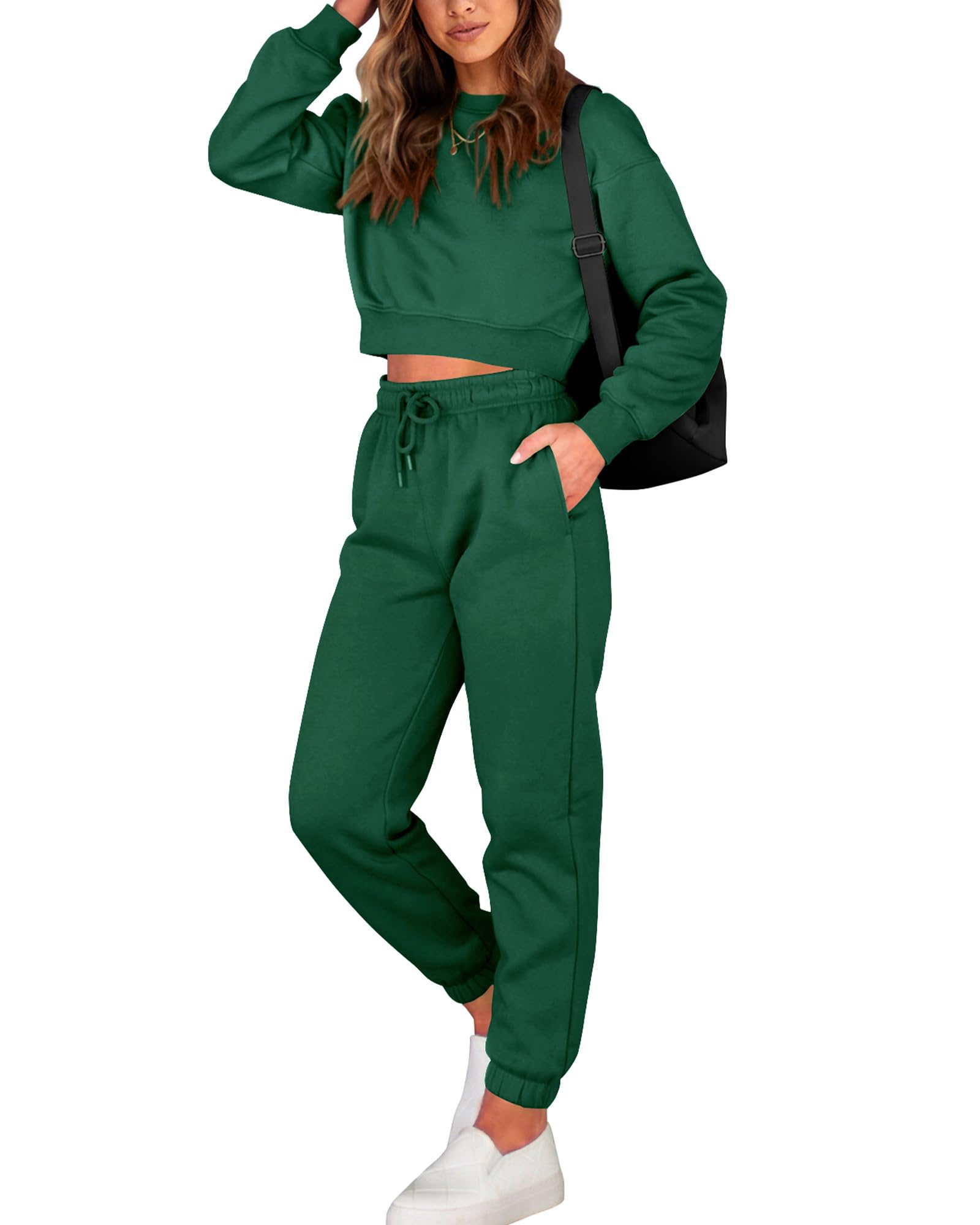 FreshPretty Women 2 Piece Outfits Long Sleeve Crop Top Pullover Drawstring Pant Jogger Set Casual Sweatsuits Tracksuit Pockets
