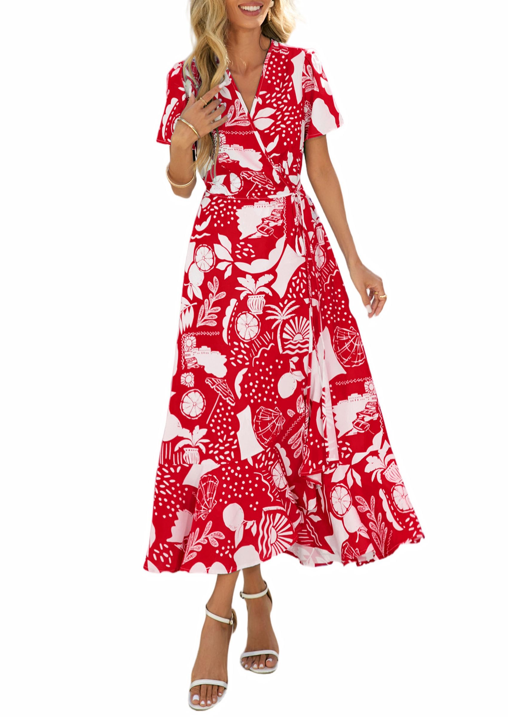 PRETTYGARDEN Women's Summer Maxi Dress Casual Wrap Floral Boho Short Sleeve V Neck Split Ruffle Beach Long Dresses