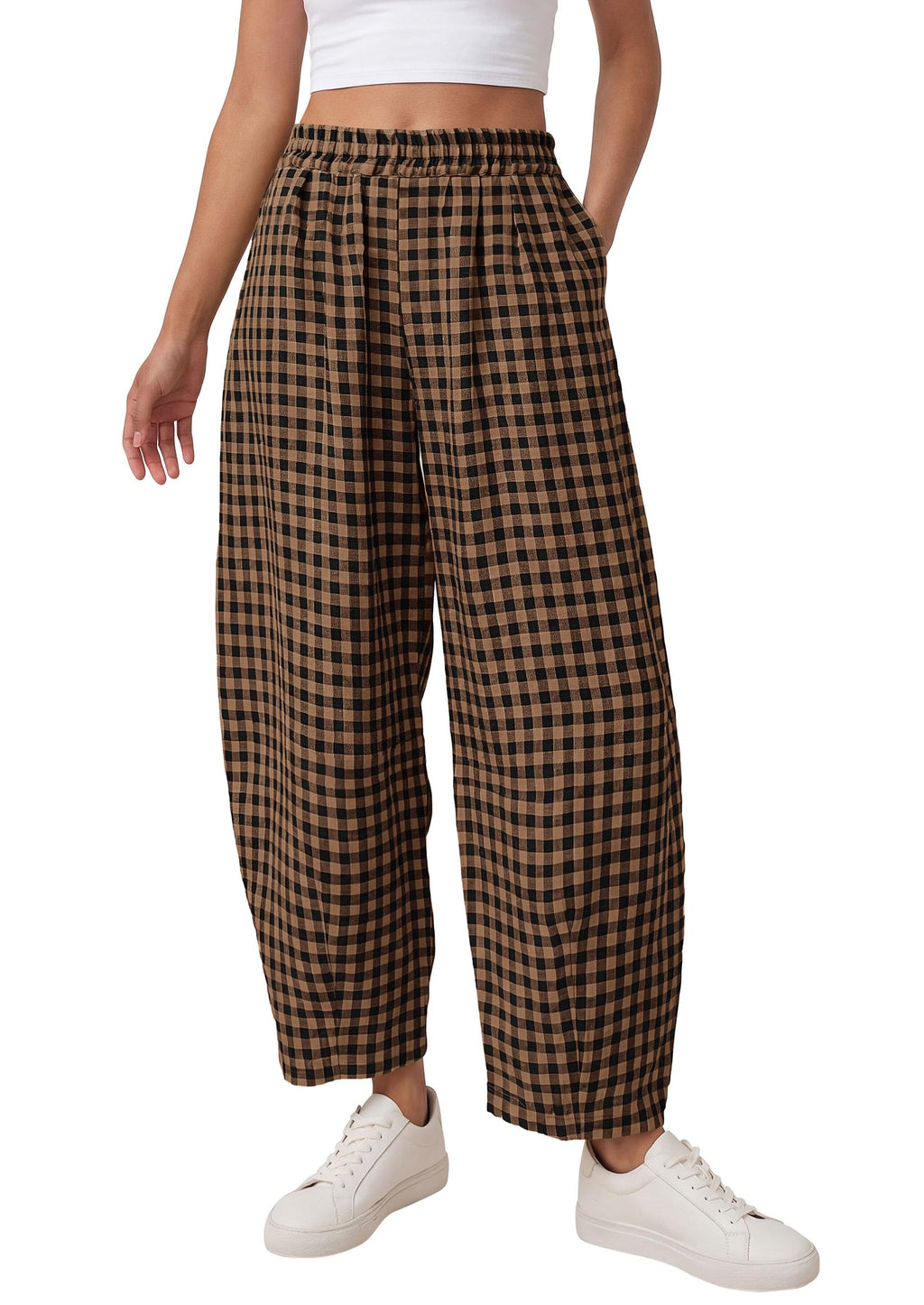 PRETTYGARDEN Plaid Barrel Pants Women Summer Casual Loose Wide Leg Lounge Gingham Trousers Spring Fashion Beach Bottoms