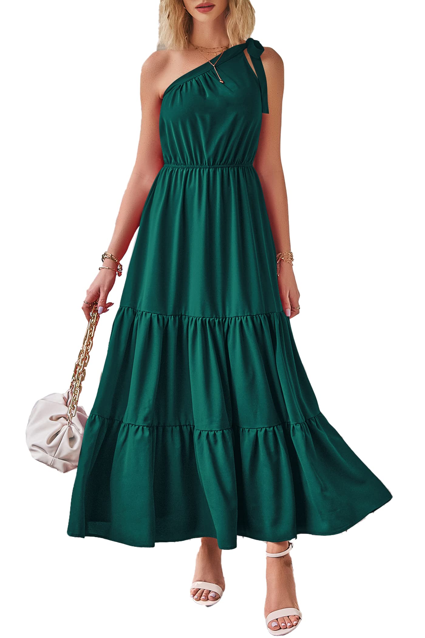 PRETTYGARDEN Women's Summer Floral One Shoulder Maxi Dress Knot Ruffle Boho Beach Vacation Wedding Guest Long Sun Dresses