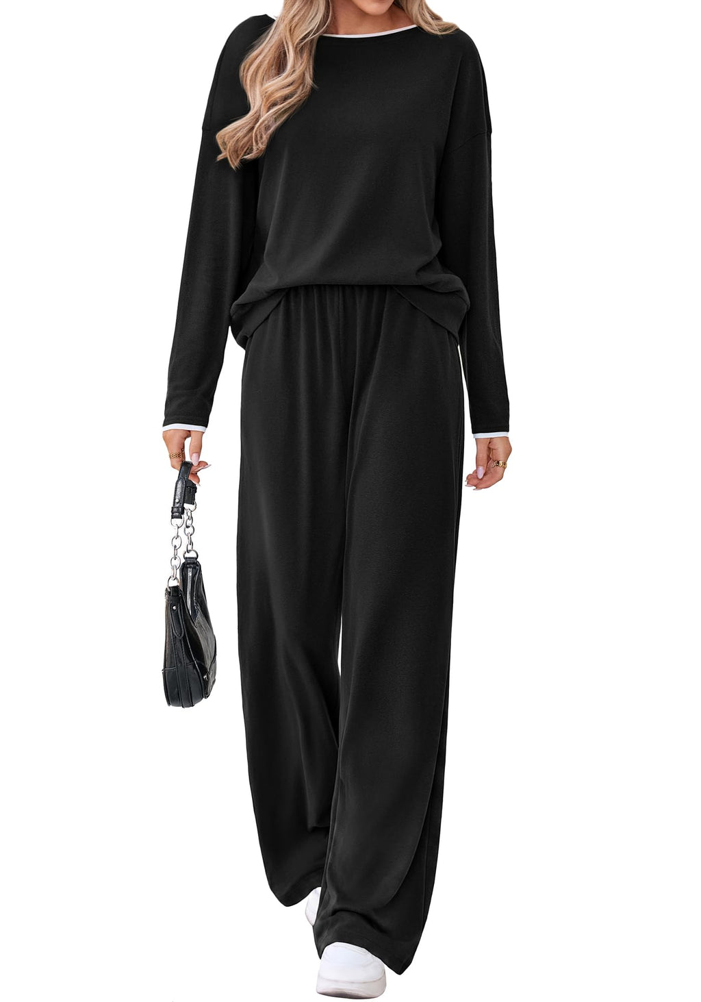 FreshPretty 2 Piece Matching Lounge Sets for Women Fall Outfits,Airport Travel Outfit,Postpartum Going Home,Cute Comfy Loungewear,Boat Neck Long Sleeve Top,Wide Leg Pants,Winter Clothes