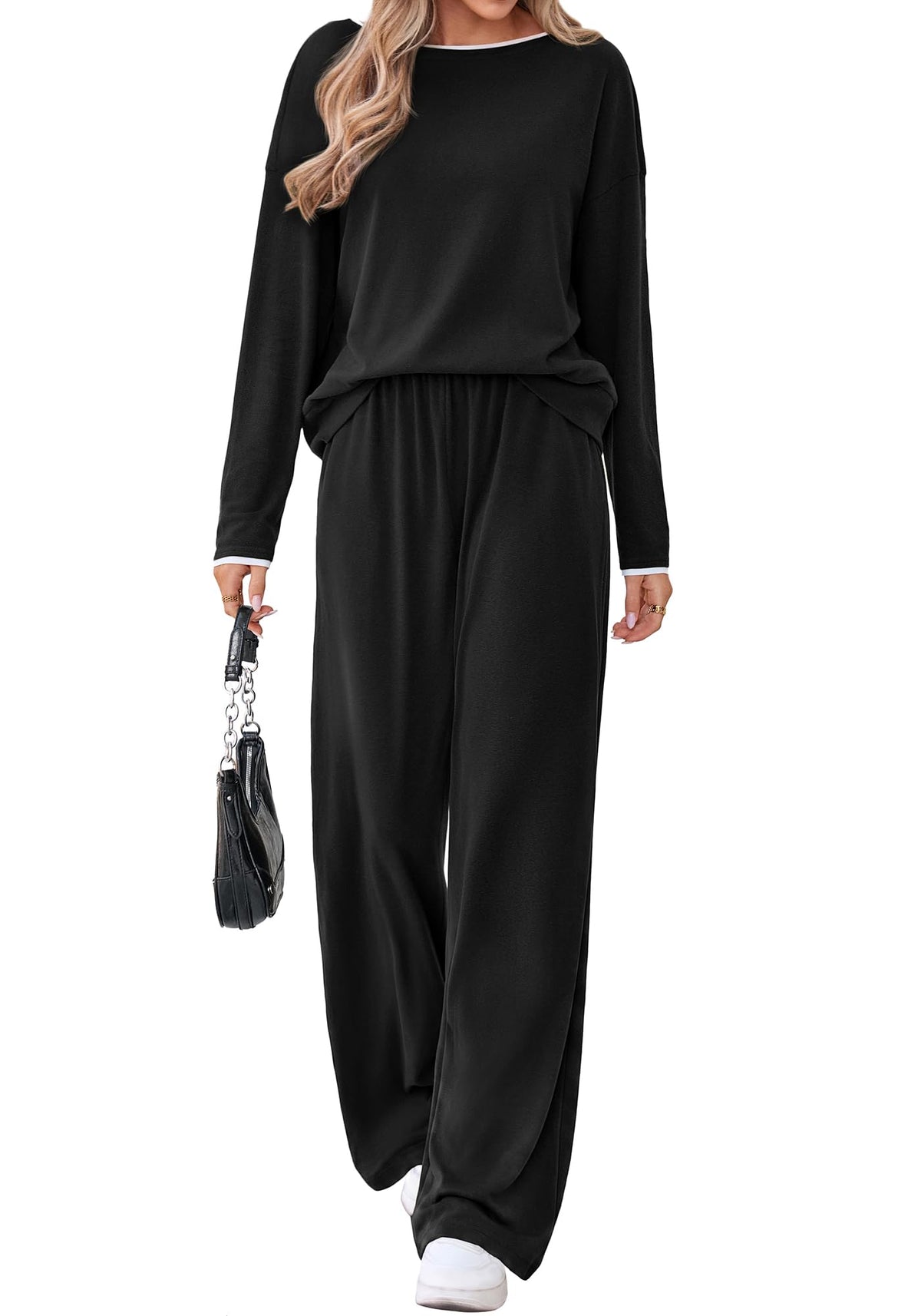 FreshPretty 2 Piece Matching Lounge Sets for Women Fall Outfits,Airport Travel Outfit,Postpartum Going Home,Cute Comfy Loungewear,Boat Neck Long Sleeve Top,Wide Leg Pants,Winter Clothes