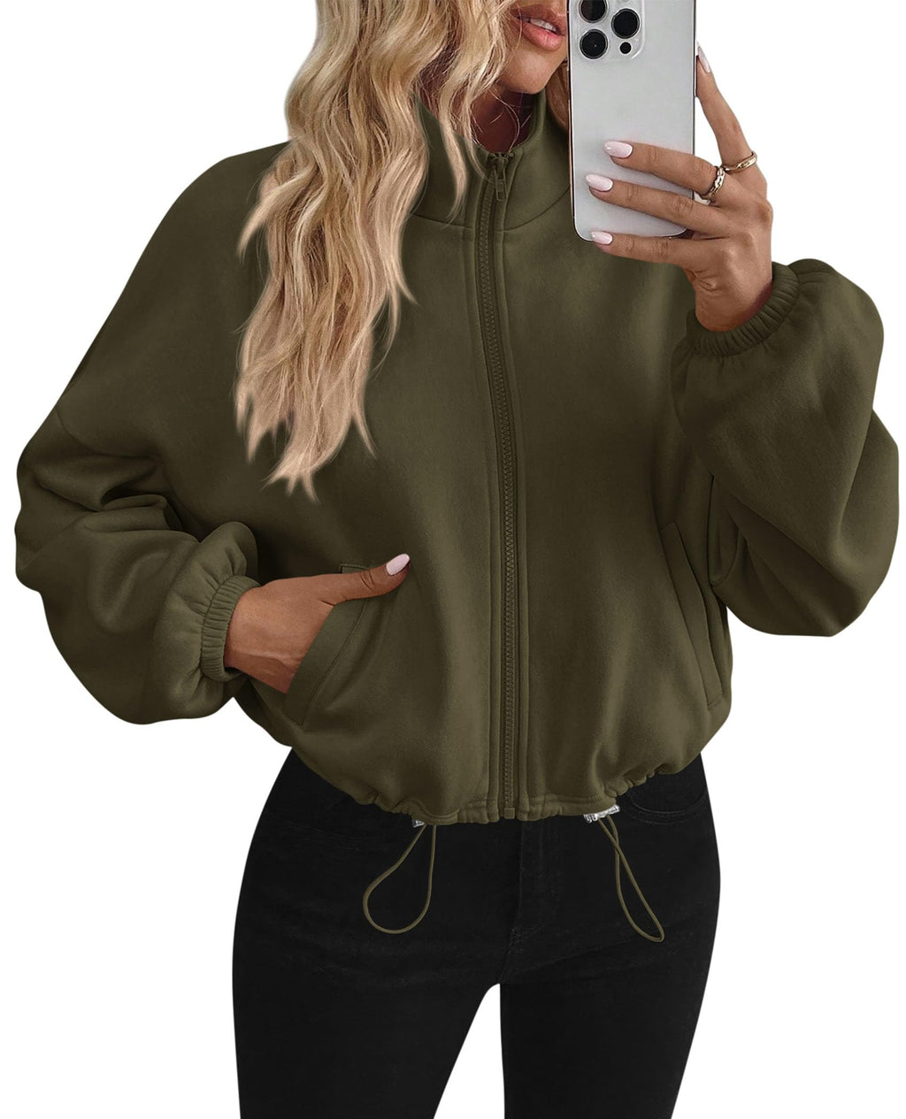 PRETTYGARDEN Womens Zip Up Fleece Cropped Sweatshirt Jacket Oversized Loose Soft Stand Collar with Drawstring Hem, Long Sleeve Casual Coat With Pockets, Fall Outfits Winter Clothing