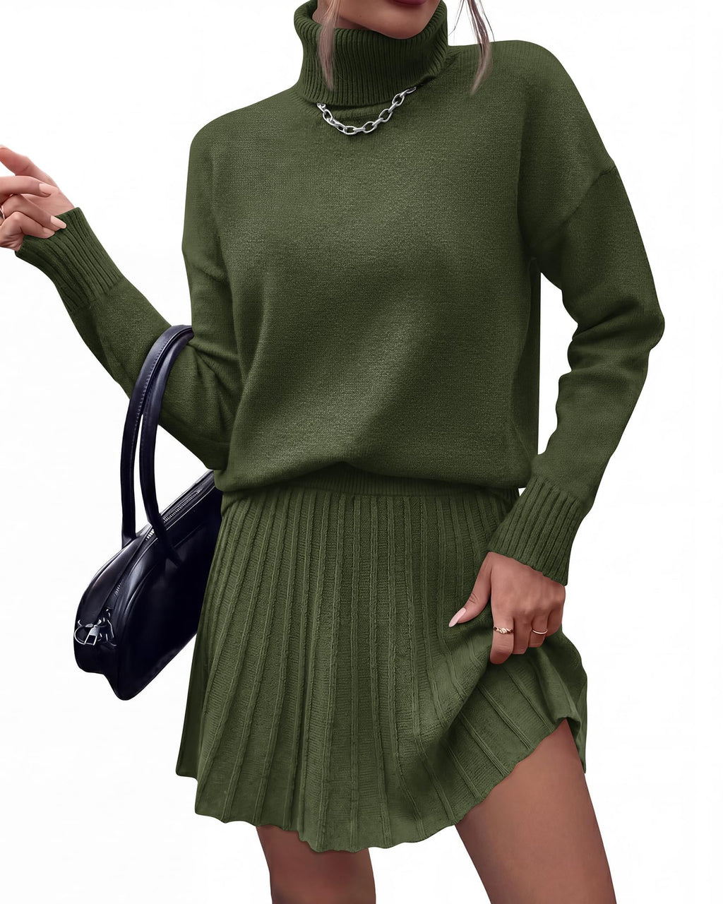 FreshPretty Women Fall 2 Piece Sweater Skirt Sets,Casual Turtleneck Drop Shoulder Pullover Sweaters,Pleated A-Line Mini Skirts,Cute Loose Fit Winter Clothing Vacation Outfits