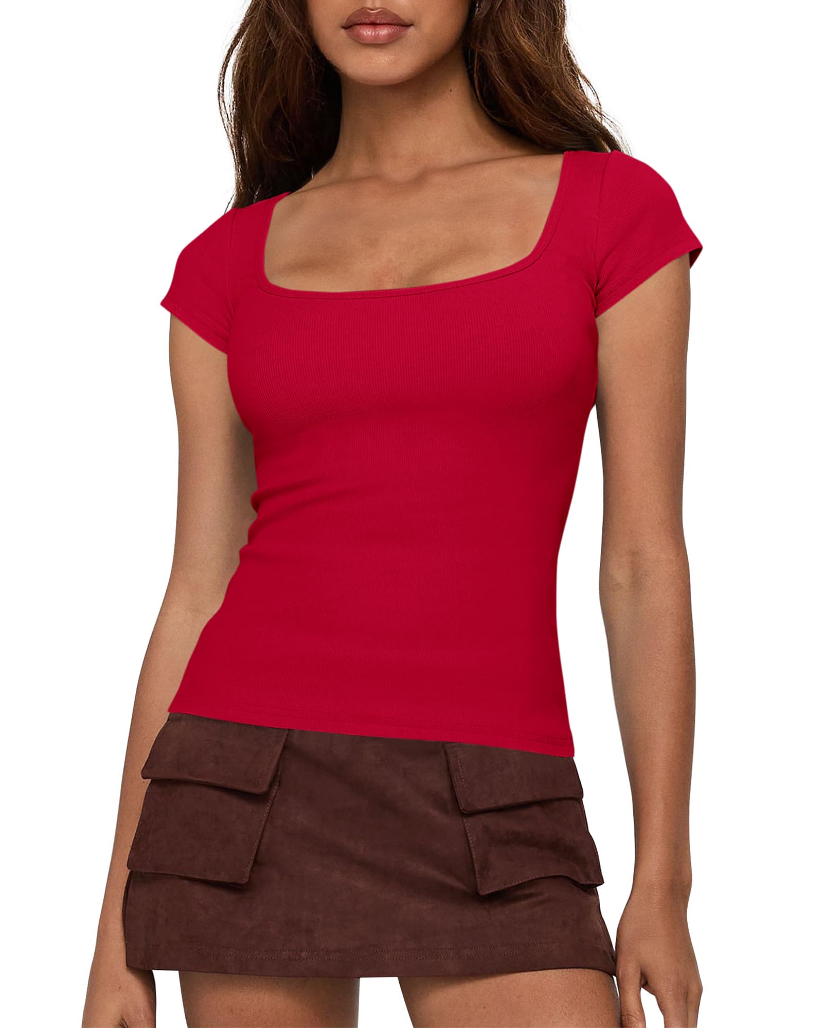 FreshPretty T Shirts for Women Square Neck Tops Spring Trendy Fashion Going Out Workout Y2k Clothes Summer Outfits