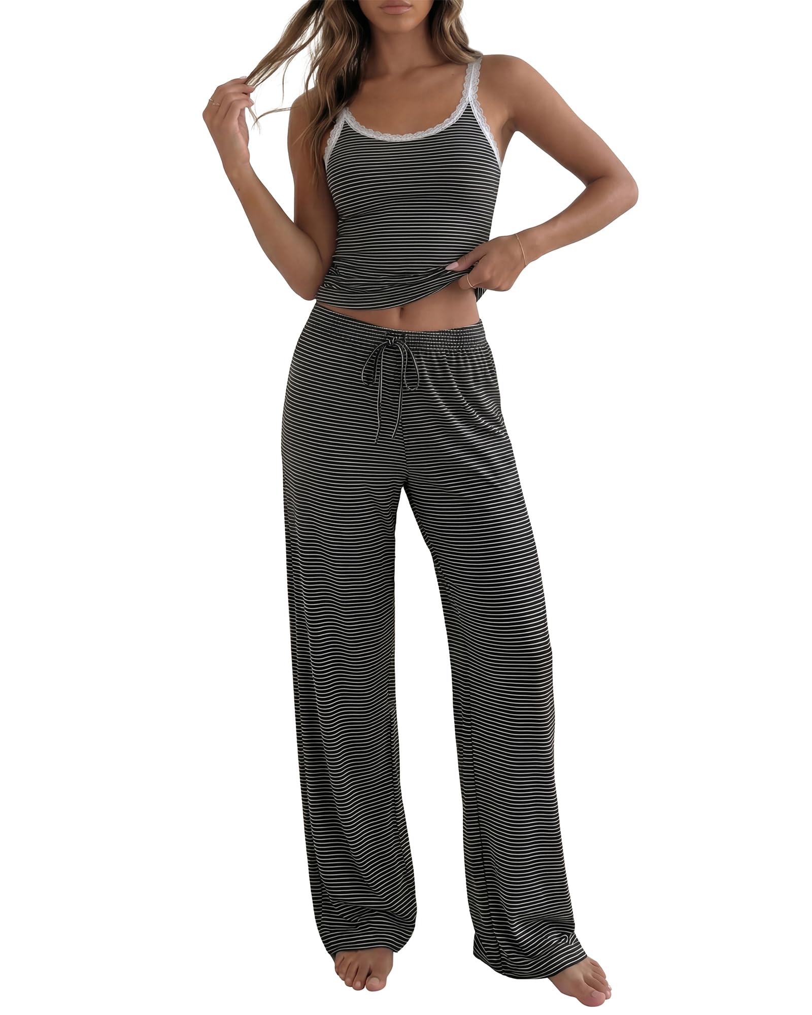 BTFBM Lounge Sets For Women Striped 2 Piece Pajama Sets Spaghetti Strap Tops Wide Leg Pants Beach Vacation Outfits