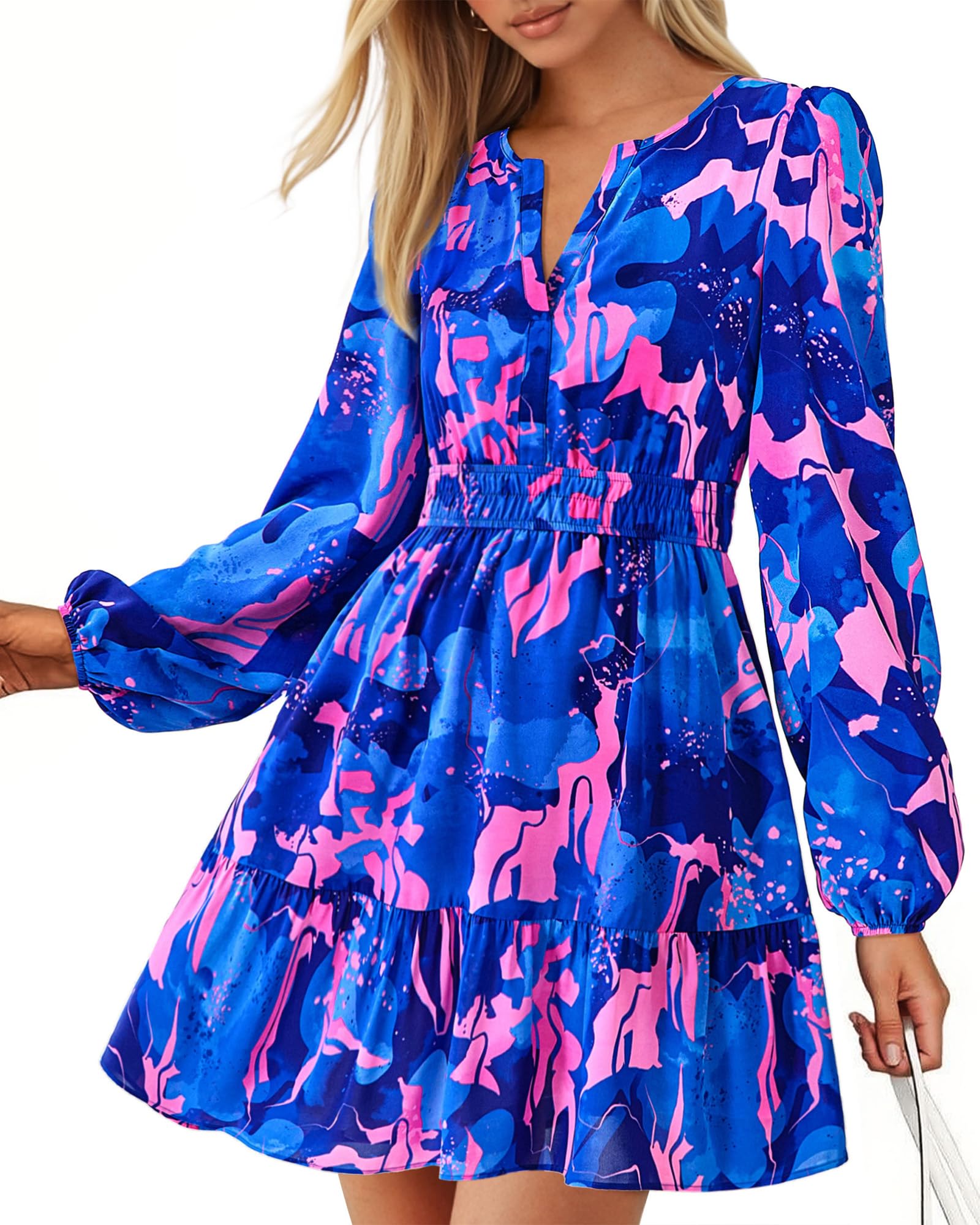 BTFBM Spring Dresses for Women Mini Long Sleeve Elastic Waist Summer Vacation Outfits Floral Wedding Guest Dress