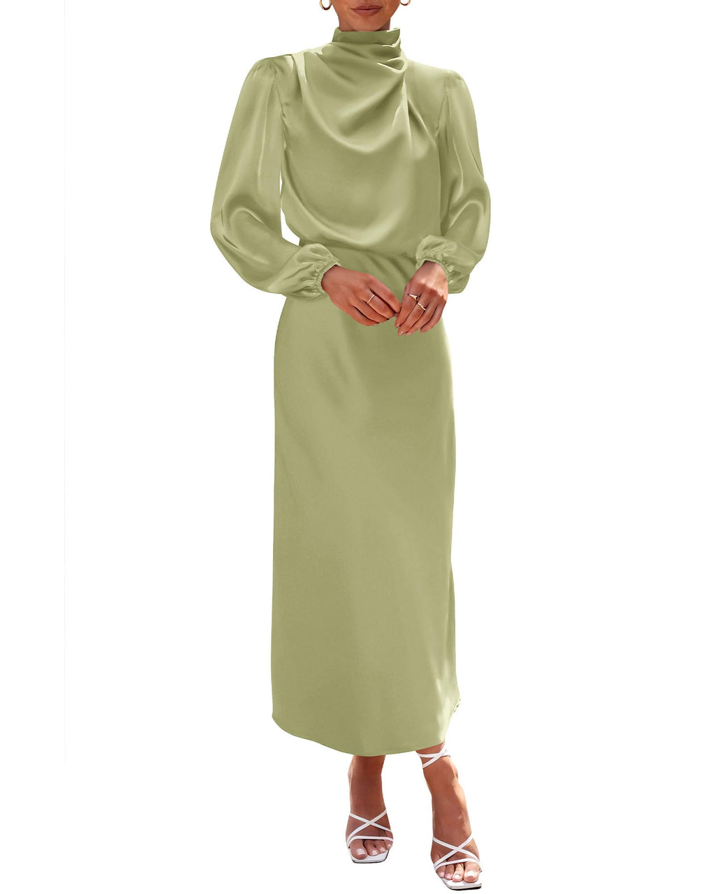 BTFBM Womens Mock Neck Satin Dress Spring Summer Long Sleeve Lightweight Formal Wedding Party Maxi Cocktail Dresses