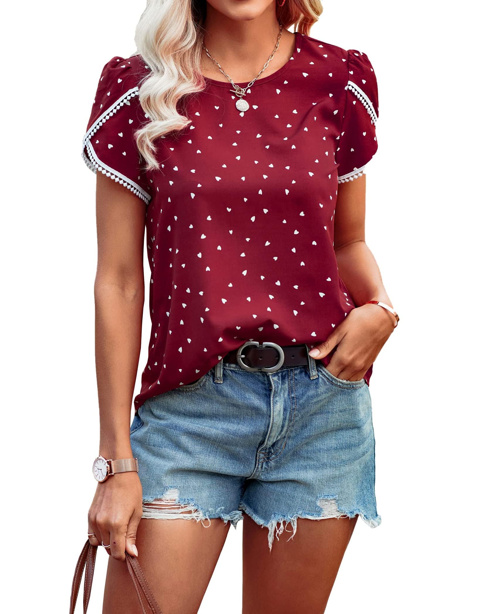 PRETTYGARDEN Womens Summer Tops Casual Ruffle Short Sleeve Crewneck Shirts Loose Basic Work Blouses Spring Outfits