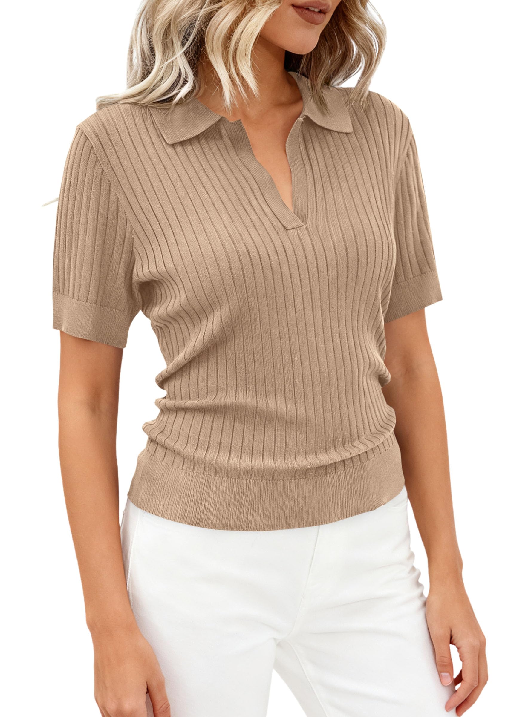 PRETTYGARDEN Women's Short Sleeve Sweater Spring Polo Shirts Ribbed Knit V Neck Business Casual Tops Summer Work Clothes