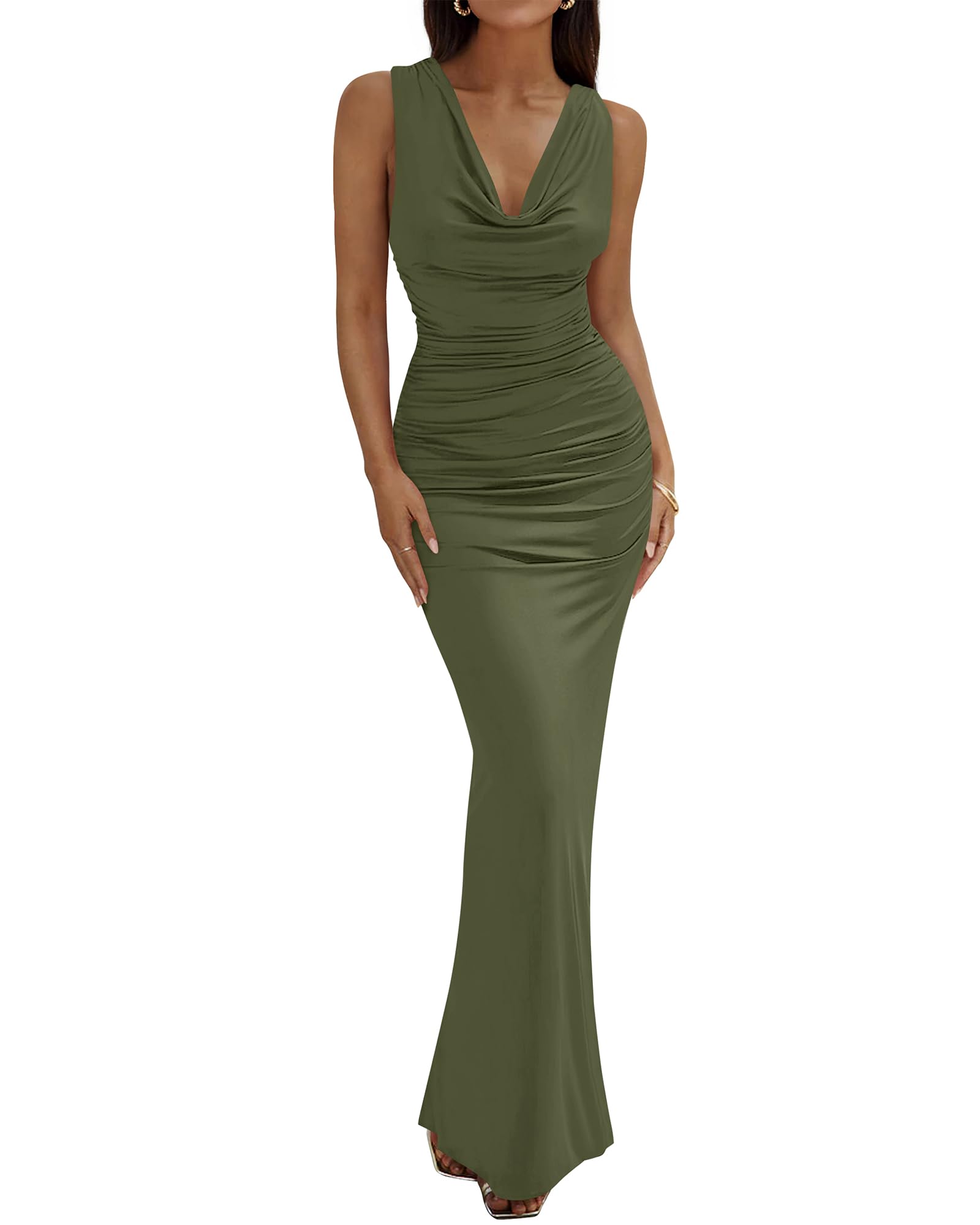 BTFBM Cocktail Dresses for Women Spring Cowl Neck Sleeveless Ruched Slim Fit Maxi Summer Formal Wedding Guest Dress