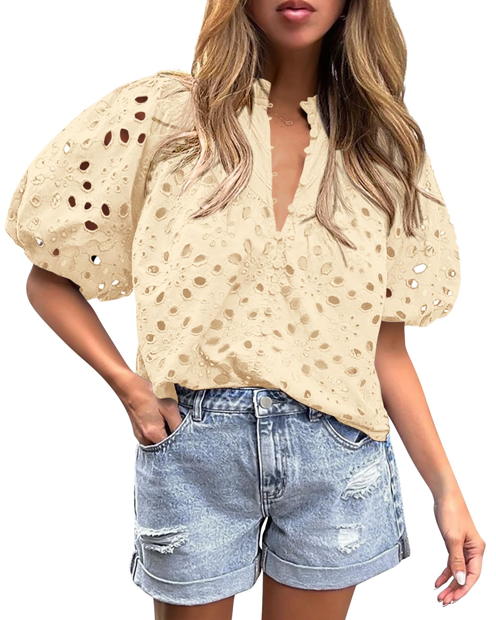PRETTYGARDEN Women's Summer Tops Dressy Casual Short Sleeve V Neck Buttons Hollow Out Lace Embroidered Blouses Shirts