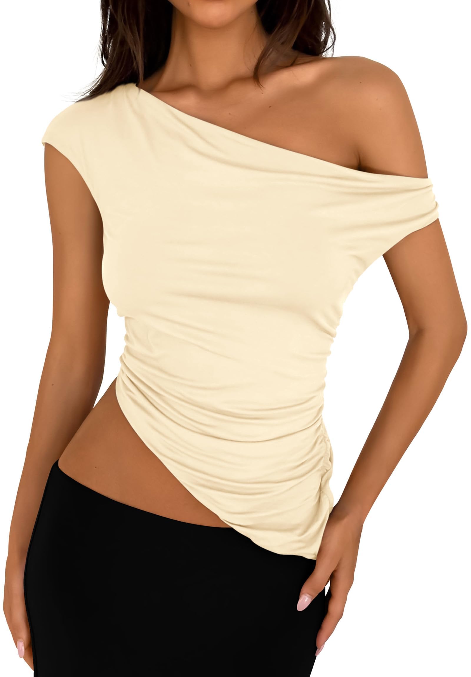 PRETTYGARDEN Womens Summer Off The Shoulder Crop Tops Sleeveless One Shoulder Ruched Asymmetrical Y2K Going Out Tank Top