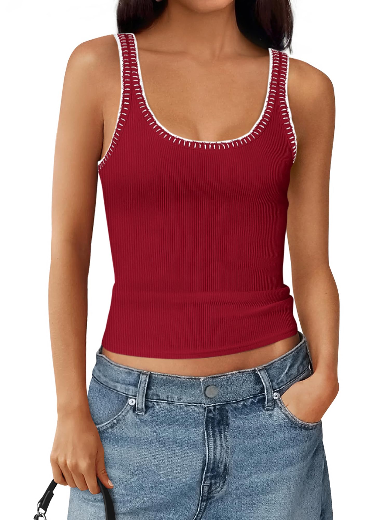 FreshPretty Sleeveless Tops for Women Summer Scoop Neck Tank Stitch Ribbed Knit Sweater Vest Casual Beach Vacation Outfit