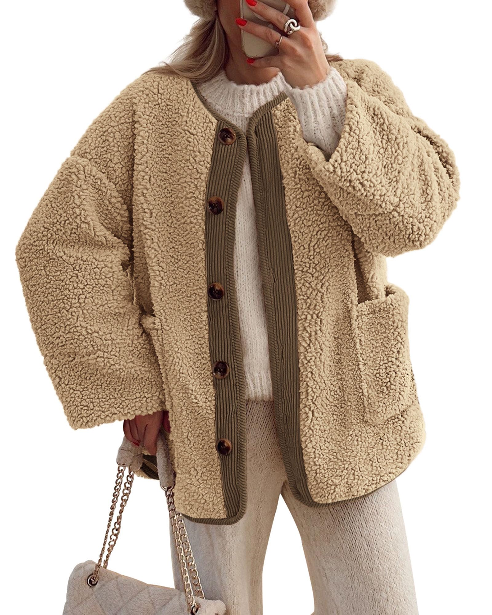 PRETTYGARDEN Women's Winter Coats Long Sleeve Button up Fuzzy Sherpa Fleece Jackets Outerwear Fall Fashion Clothes