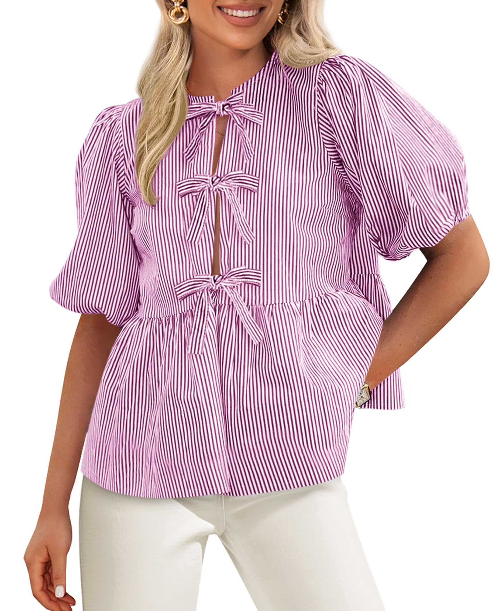 PRETTYGARDEN Women's Tie Front Striped Shirt Summer Trendy Fashion Cute Babydoll Tops Peplum Puffy Sleeve Blouse
