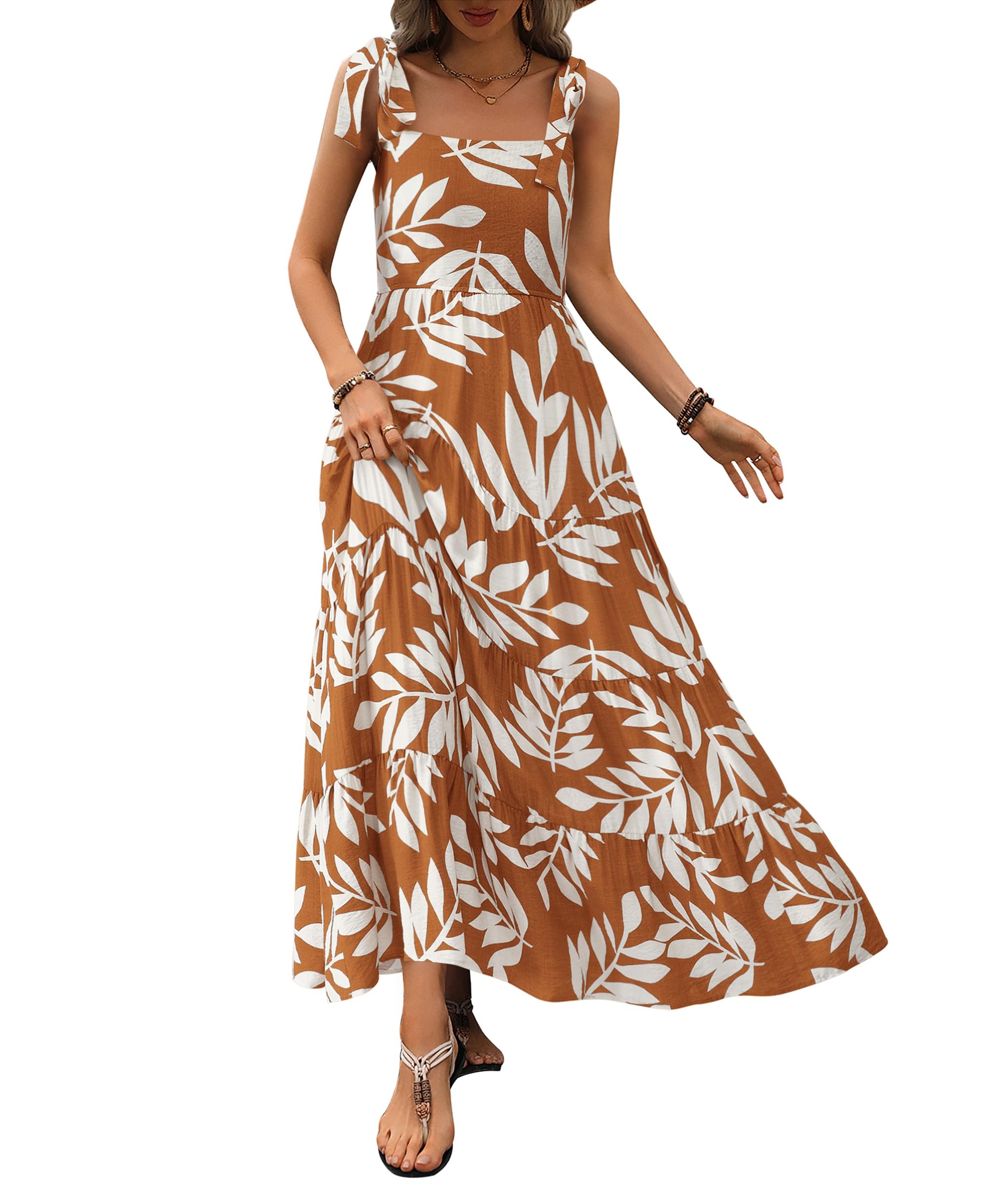 PRETTYGARDEN Women Dresses Summer Floral Sleeveless Maxi Dress Casual Spaghetti Strap Tiered Flowy Beach Long Dress