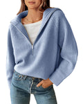 BTFBM Womens Sweaters Quarter Zip Pullover V Neck Collar Long Sleeve Ribbed Knit Loose Casual Winter Fall Sweater
