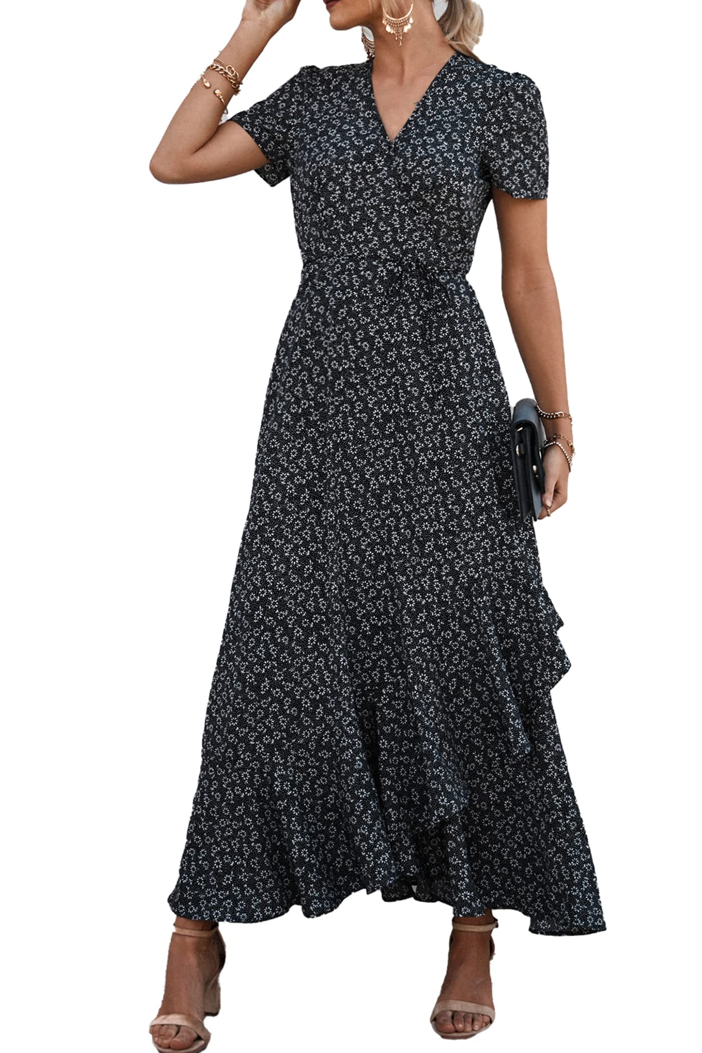 PRETTYGARDEN Women's Summer Maxi Dress Casual Wrap Floral Boho Short Sleeve V Neck Split Ruffle Beach Long Dresses
