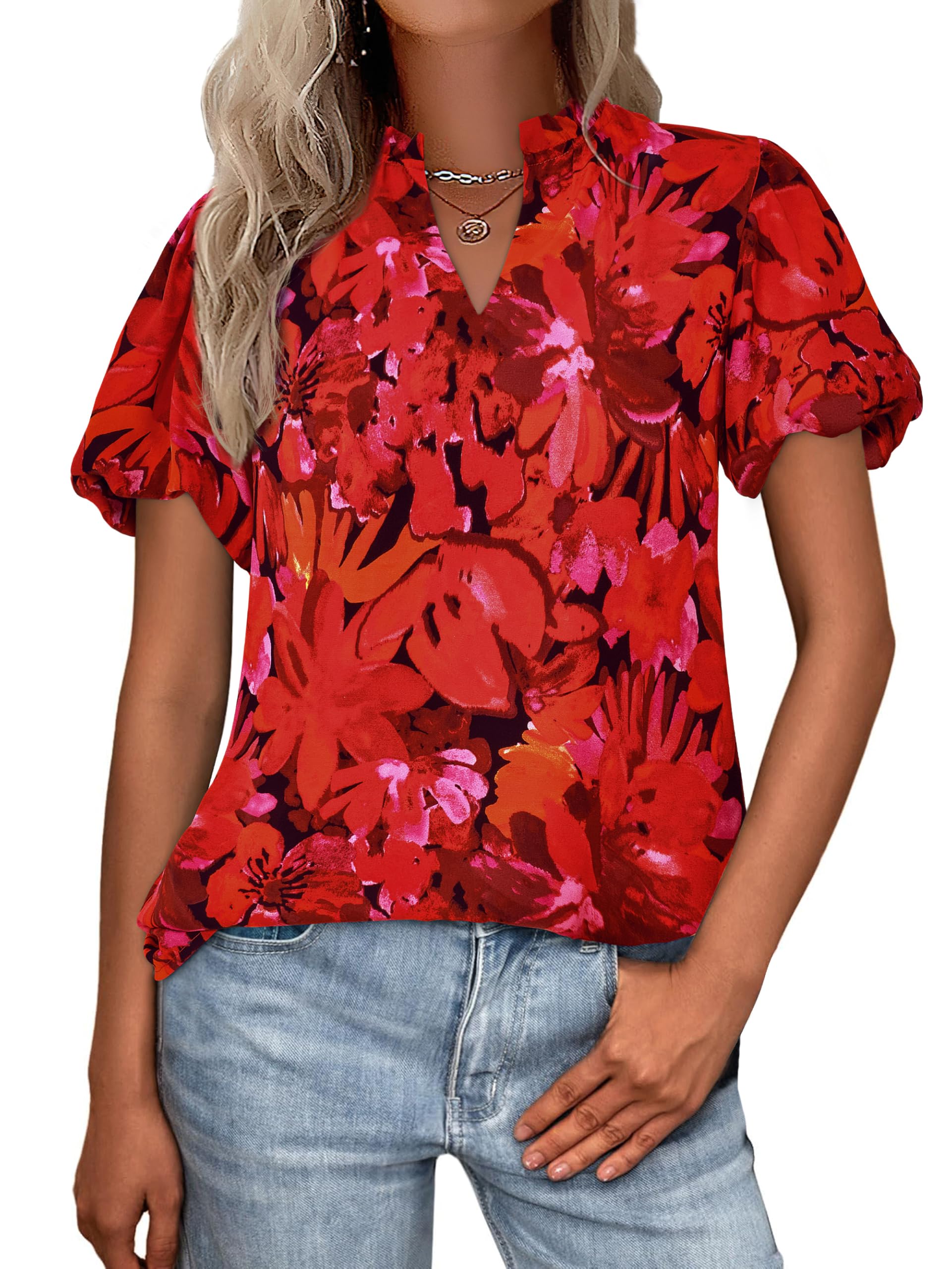 PRETTYGARDEN Boho Short Sleeve Floral Work Blouses for Women Dressy Casual V Neck Puff Sleeve Loose Chiffon Flowy Tops Shirts